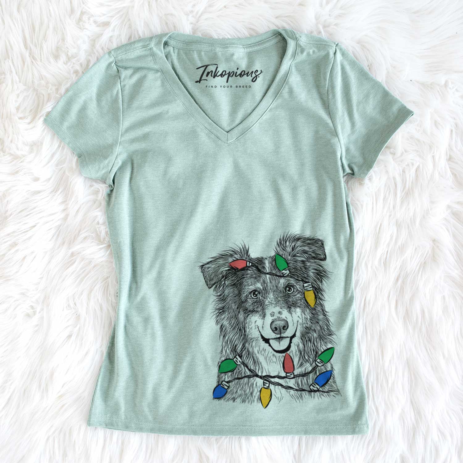 Christmas Lights Aushe the Australian Shepherd - Women's V-neck Shirt