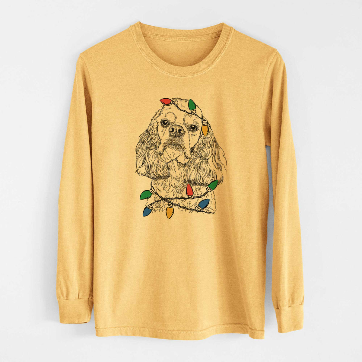 Christmas Lights Bailey the American Cocker Spaniel - Heavyweight 100% Cotton Long Sleeve