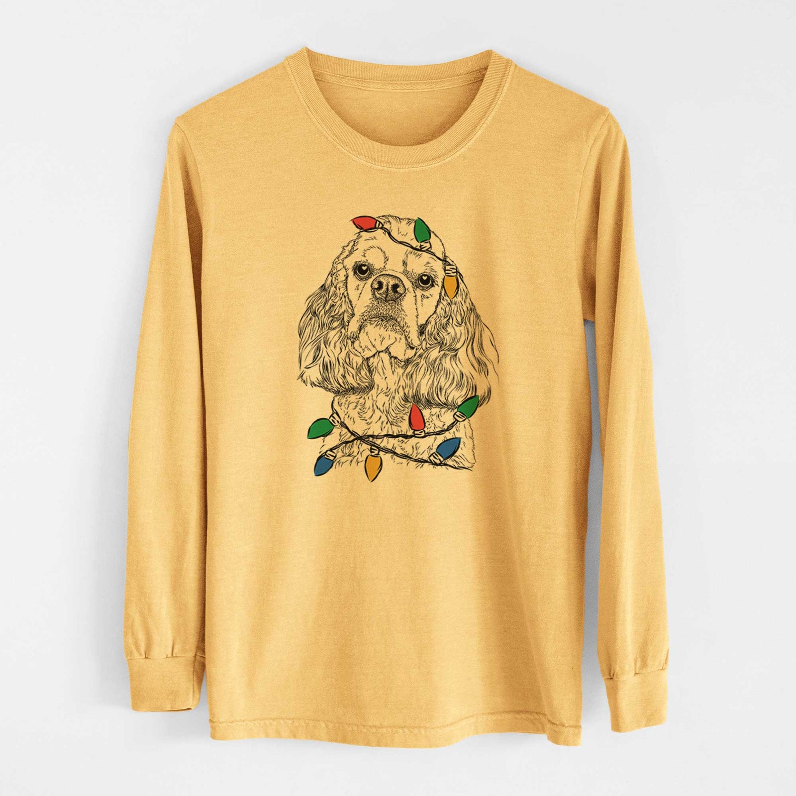 Christmas Lights Bailey the American Cocker Spaniel - Heavyweight 100% Cotton Long Sleeve