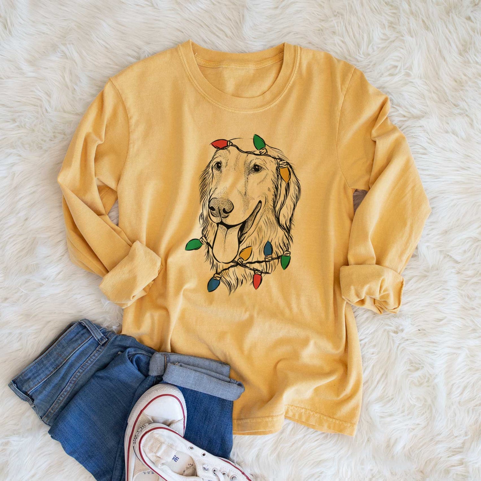 Christmas Lights Bailey the Golden Retriever - Heavyweight 100% Cotton Long Sleeve