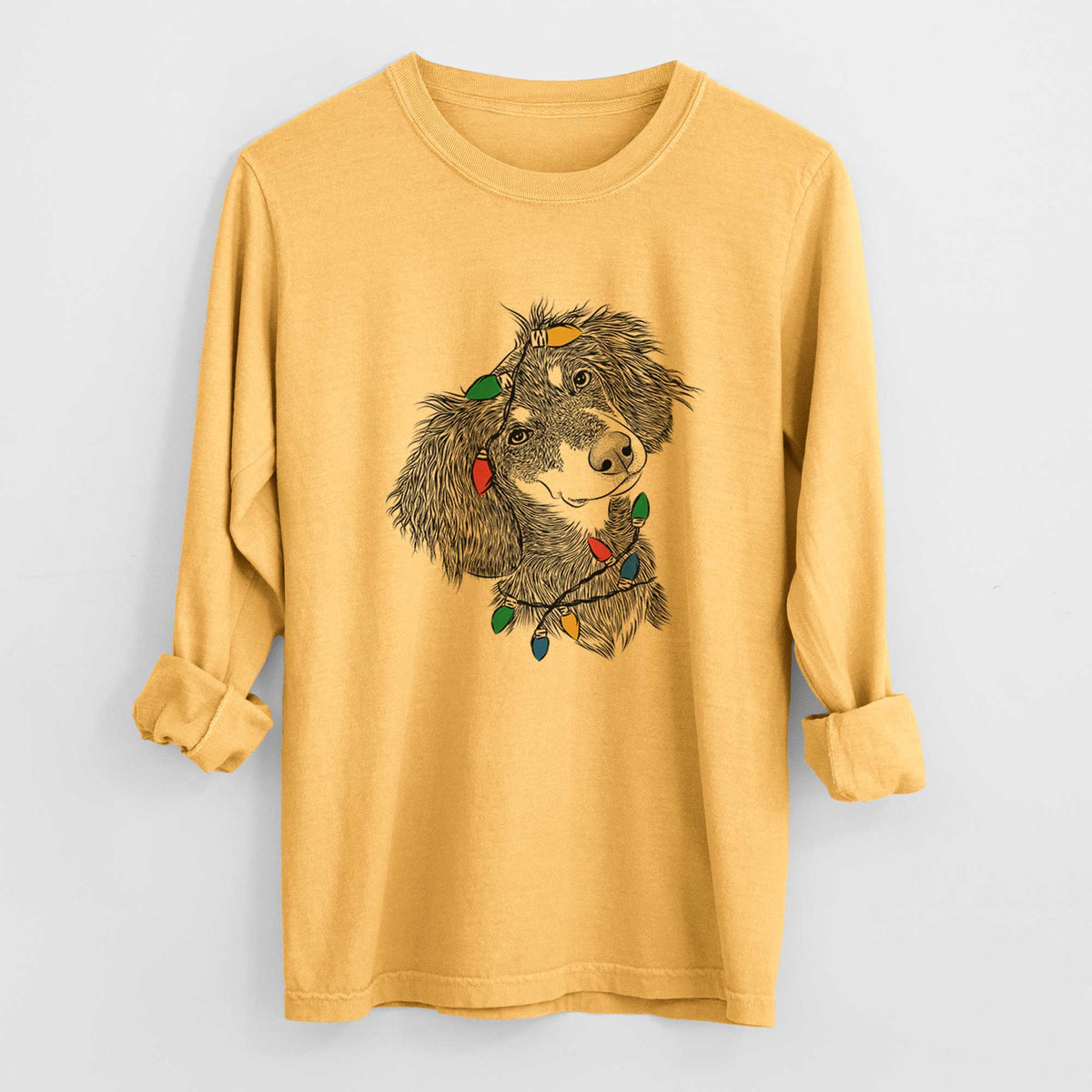 Christmas Lights Bailey the Long Haired Dachshund - Heavyweight 100% Cotton Long Sleeve