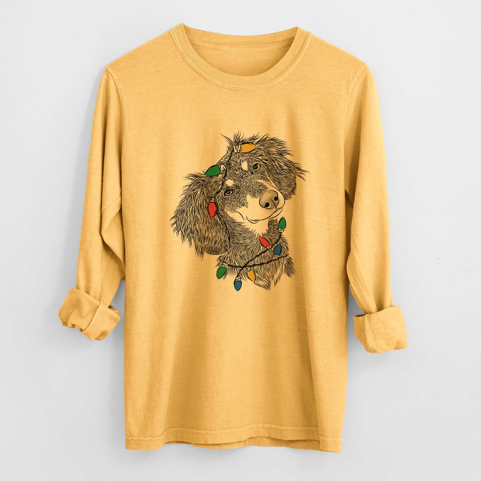 Christmas Lights Bailey the Long Haired Dachshund - Heavyweight 100% Cotton Long Sleeve