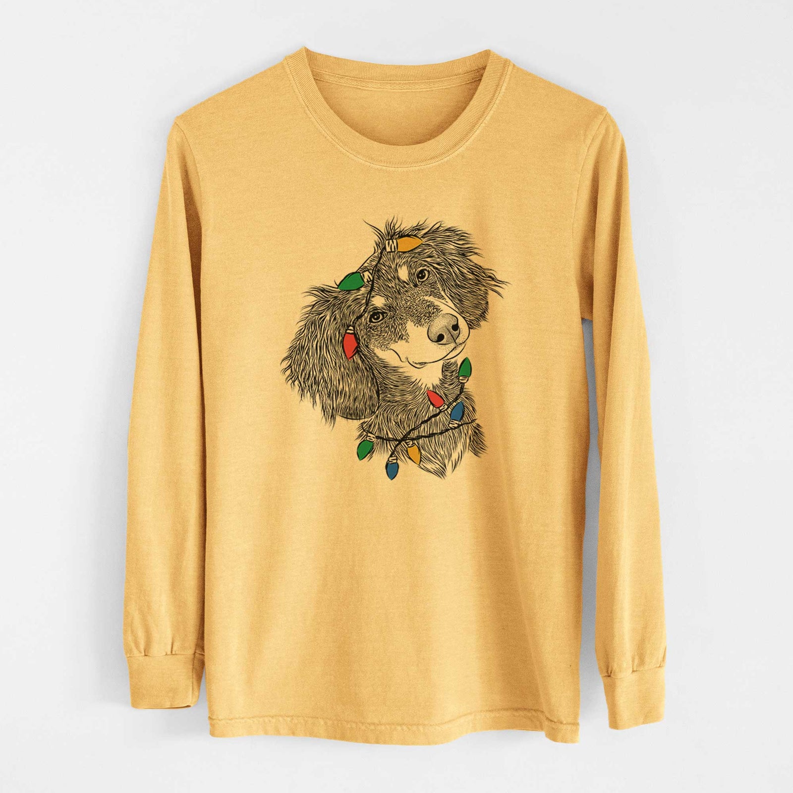 Christmas Lights Bailey the Long Haired Dachshund - Heavyweight 100% Cotton Long Sleeve