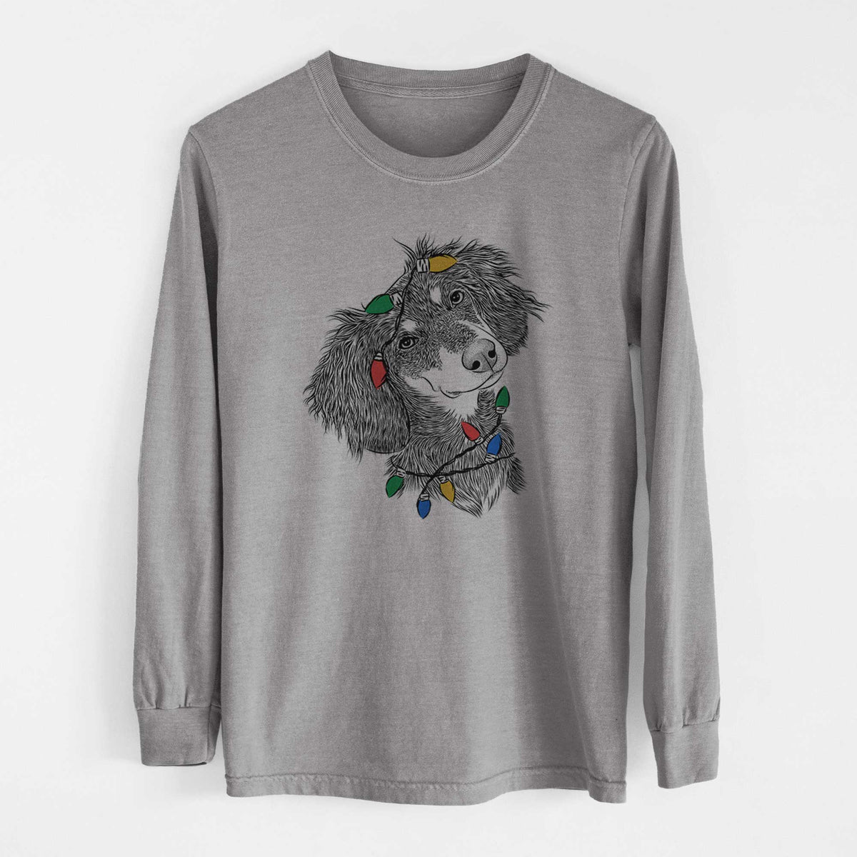 Christmas Lights Bailey the Long Haired Dachshund - Heavyweight 100% Cotton Long Sleeve