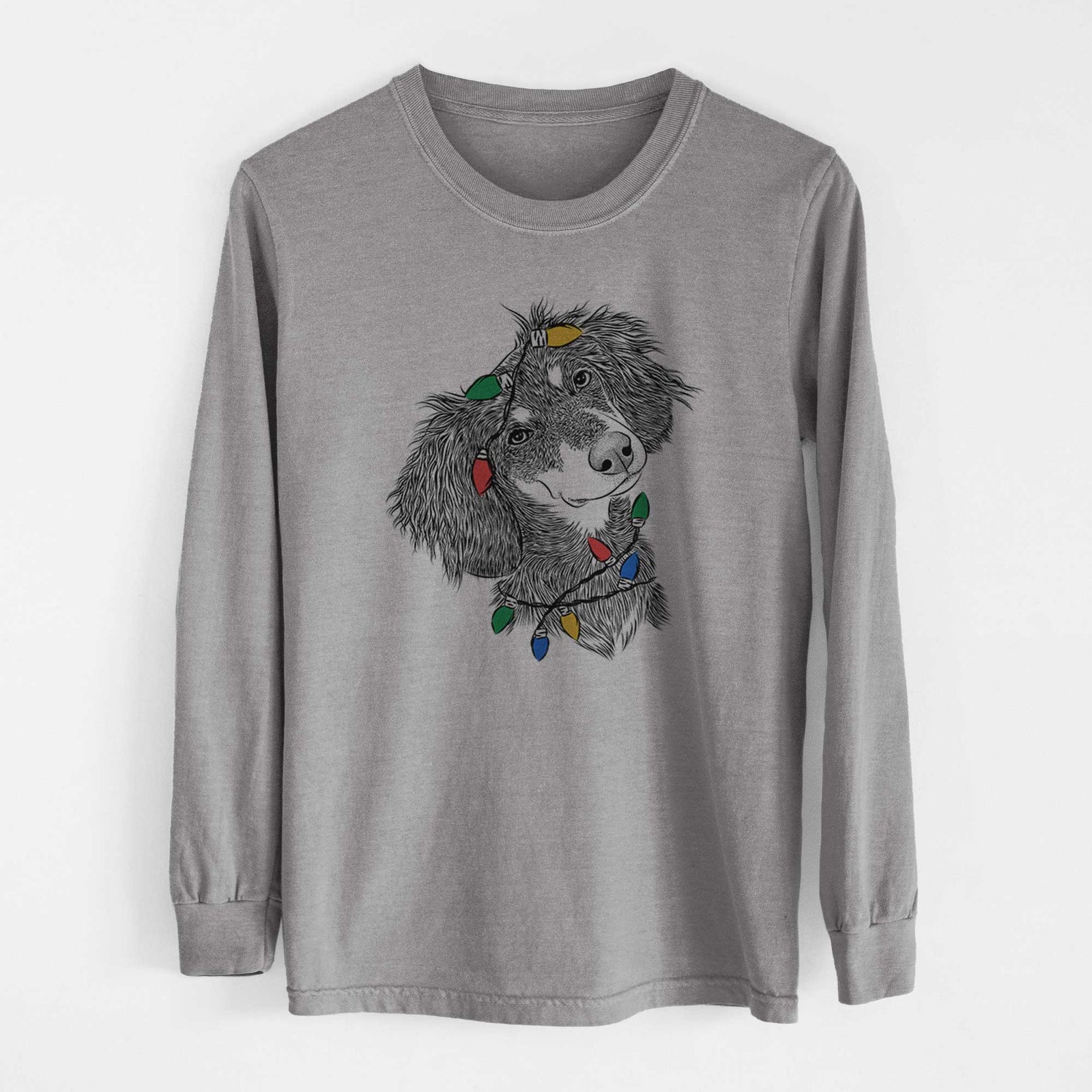 Christmas Lights Bailey the Long Haired Dachshund - Heavyweight 100% Cotton Long Sleeve
