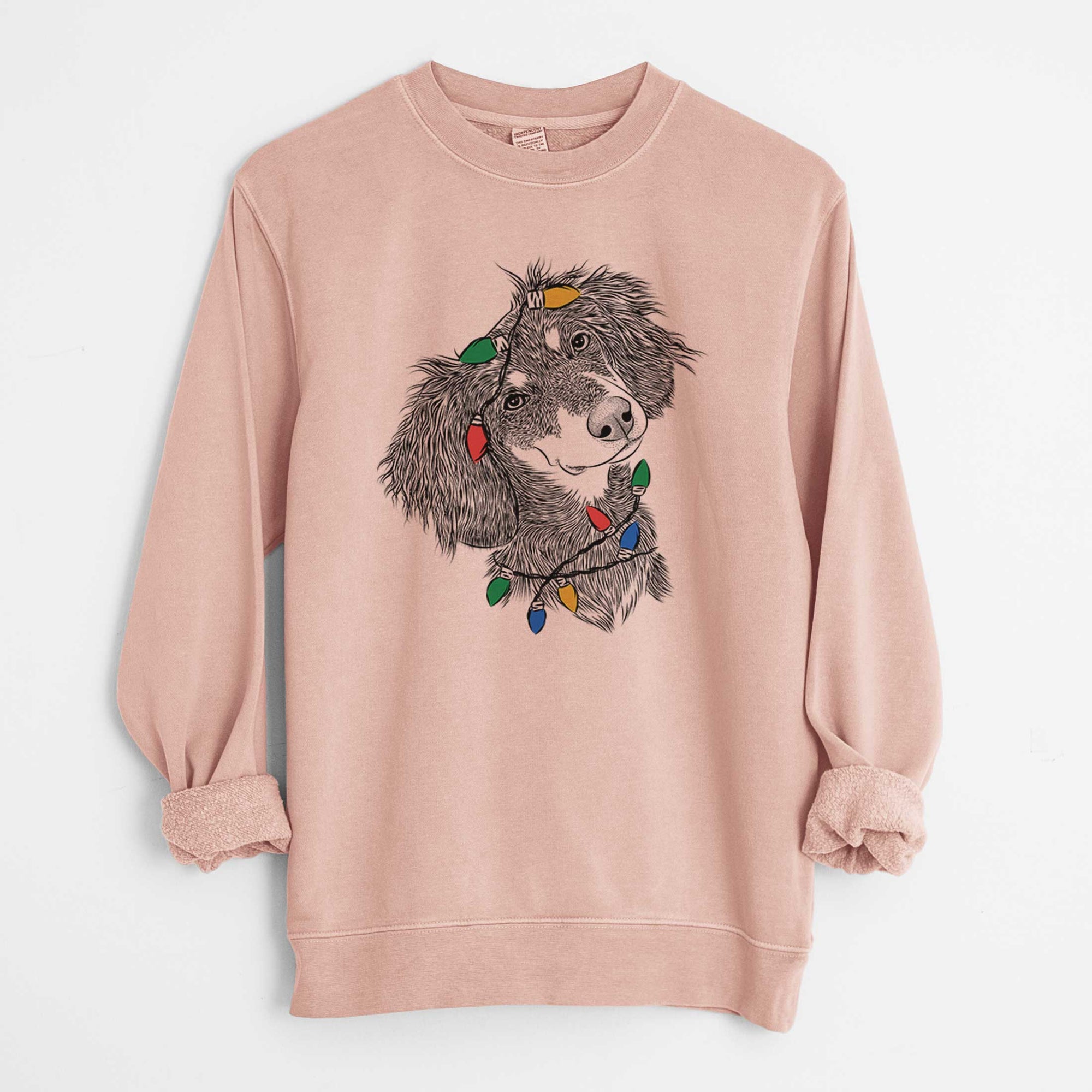 Christmas Lights Bailey the Long Haired Dachshund - Unisex Pigment Dyed Crew Sweatshirt