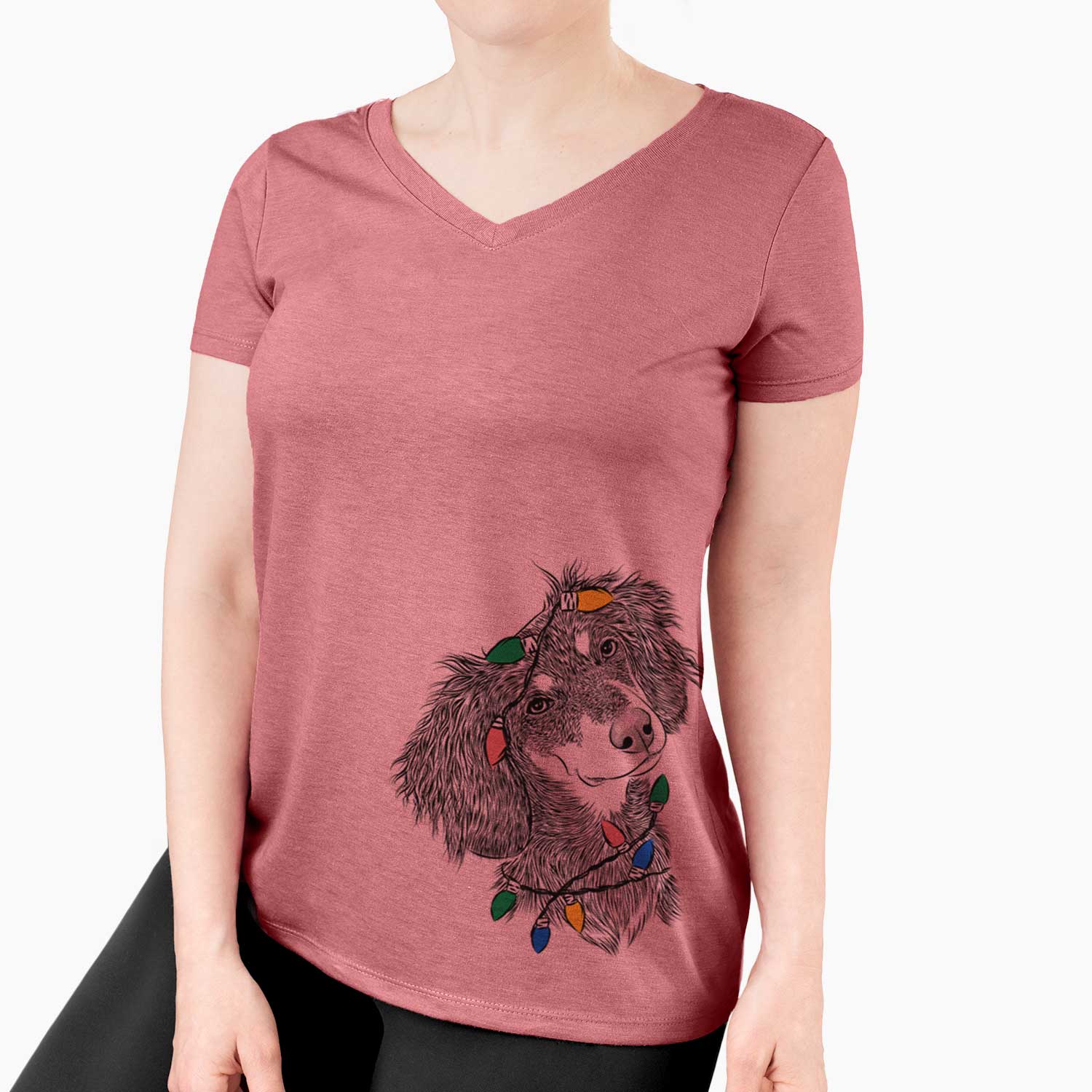 Christmas Lights Bailey the Long Haired Dachshund - Women's V-neck Shirt