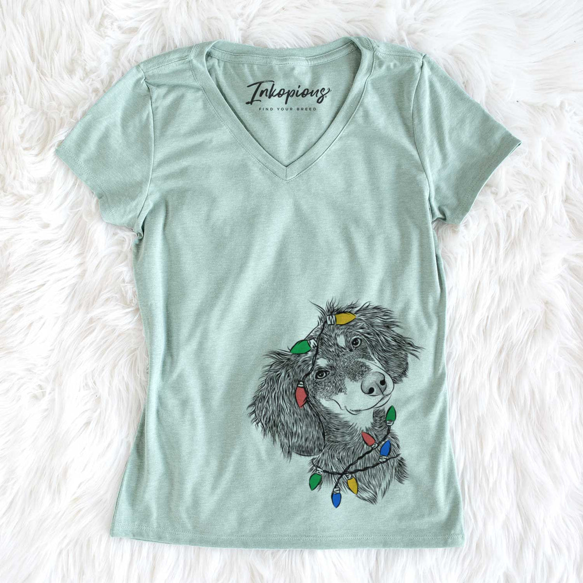 Christmas Lights Bailey the Long Haired Dachshund - Women&#39;s V-neck Shirt