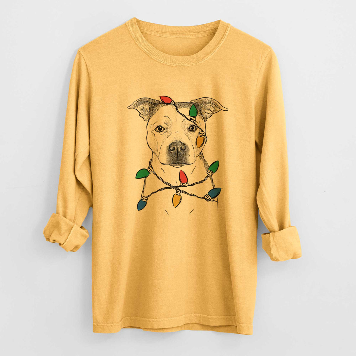Christmas Lights Bailey the Pitbull - Heavyweight 100% Cotton Long Sleeve