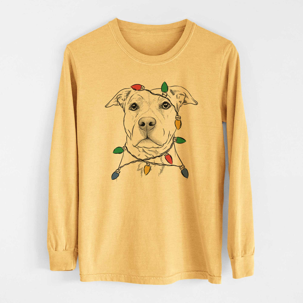 Christmas Lights Bailey the American Staffordshire Terrier - Heavyweight 100% Cotton Long Sleeve