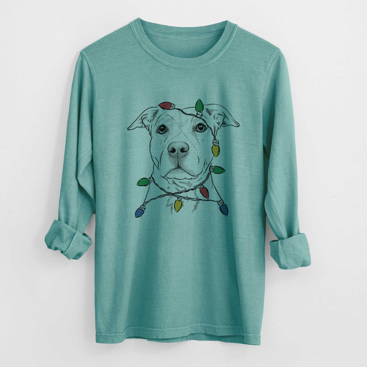 Christmas Lights Bailey the American Staffordshire Terrier - Heavyweight 100% Cotton Long Sleeve