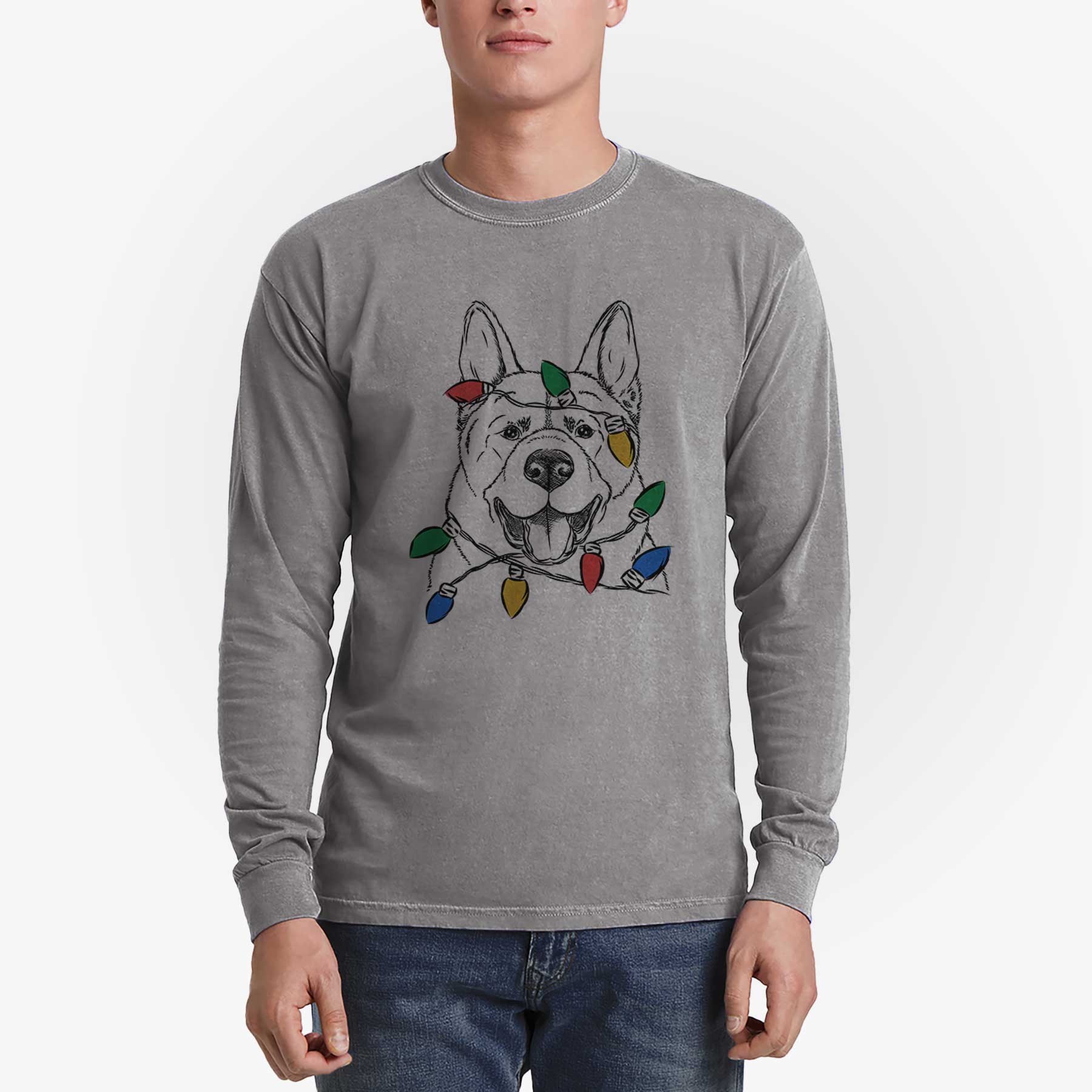 Christmas Lights Baku the Akita - Heavyweight 100% Cotton Long Sleeve