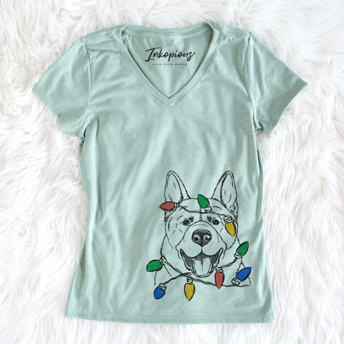 Christmas Lights Baku the Akita - Women&#39;s V-neck Shirt