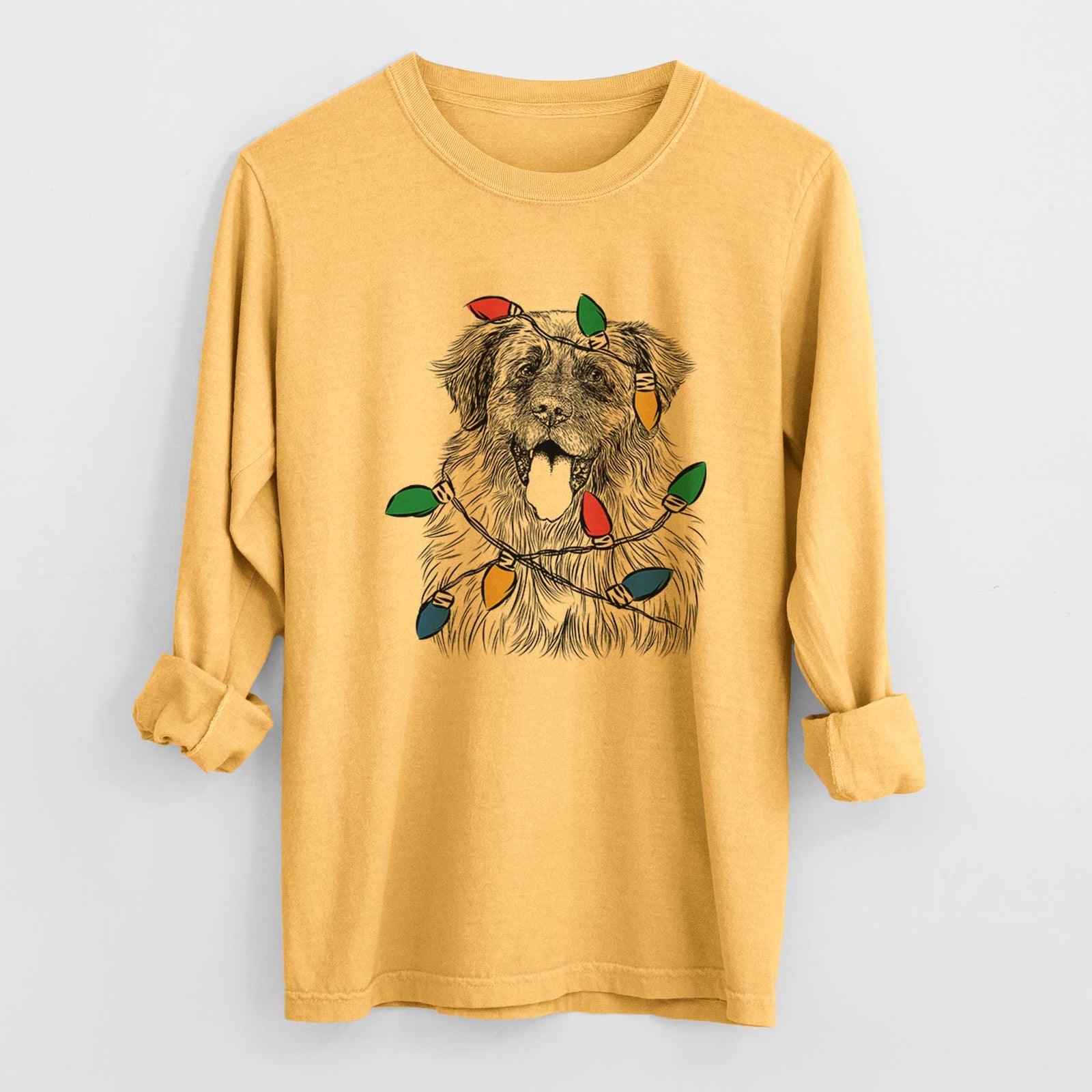 Christmas Lights Bamboo the Leonberger - Heavyweight 100% Cotton Long Sleeve