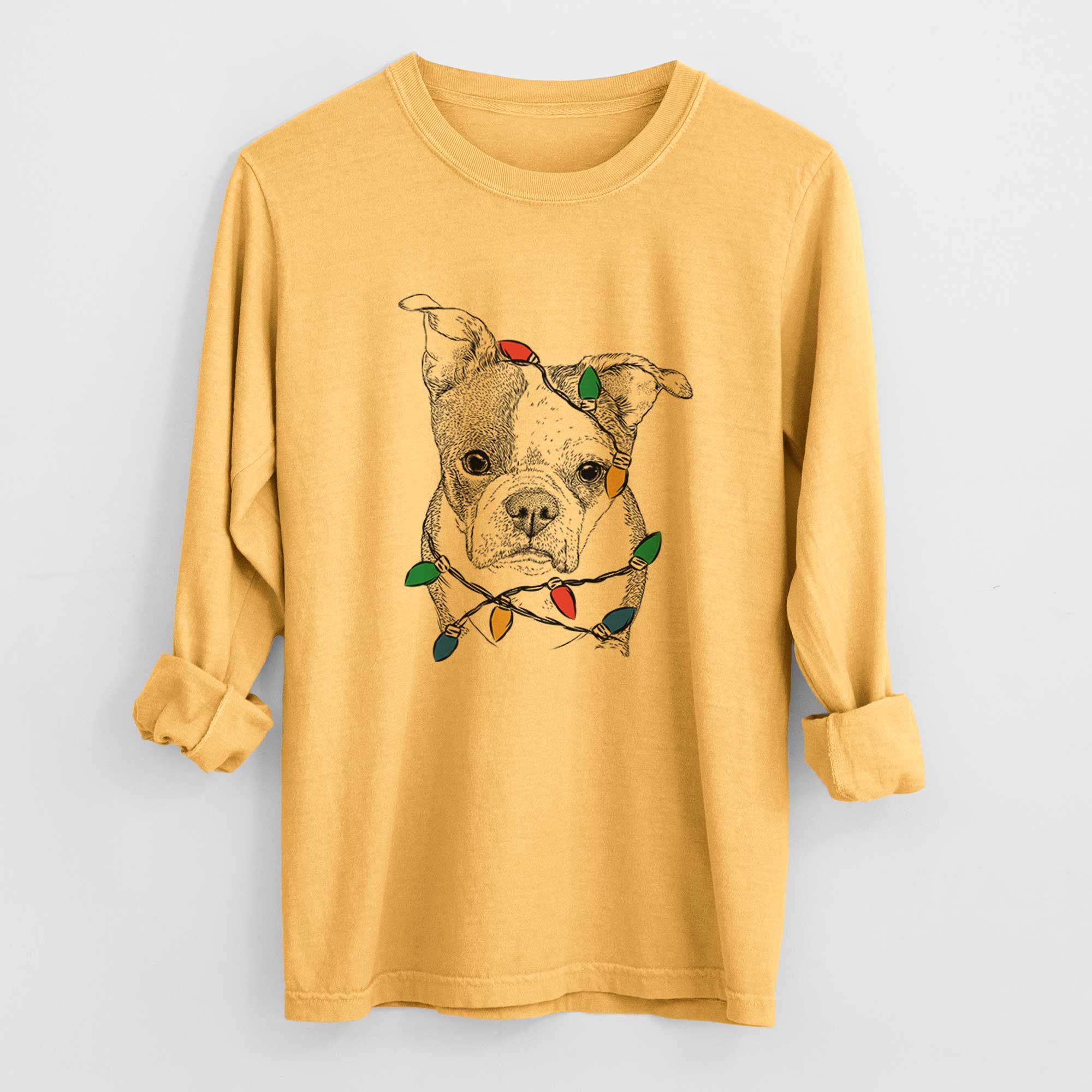 Christmas Lights Bandit the Boston Terrier - Heavyweight 100% Cotton Long Sleeve