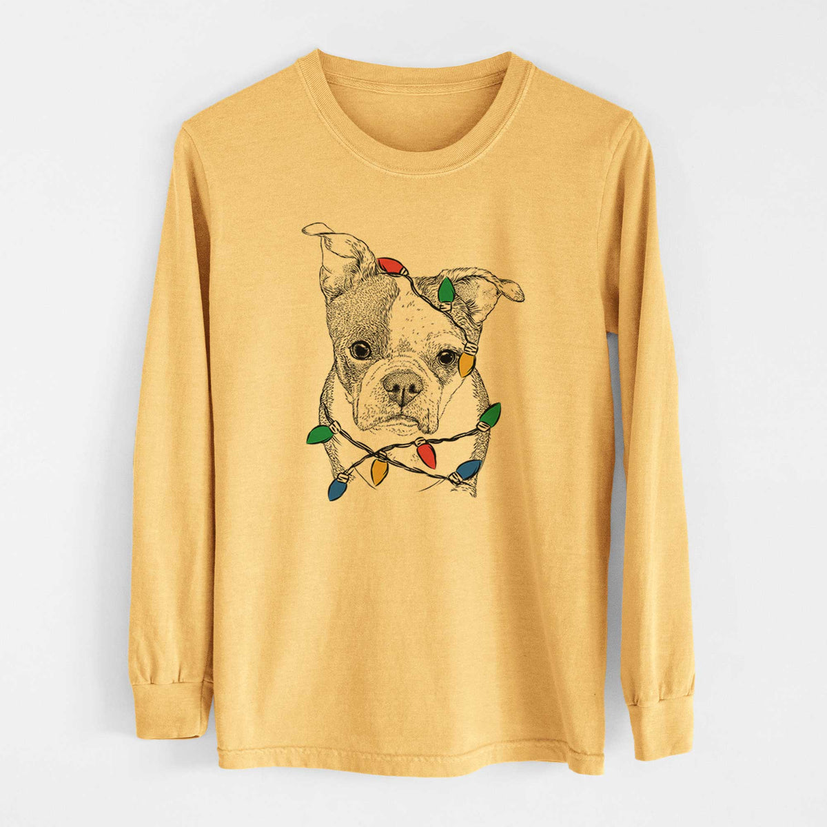 Christmas Lights Bandit the Boston Terrier - Heavyweight 100% Cotton Long Sleeve