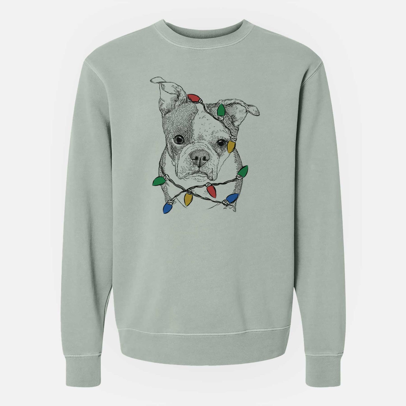 Christmas Lights Bandit the Boston Terrier - Unisex Pigment Dyed Crew Sweatshirt