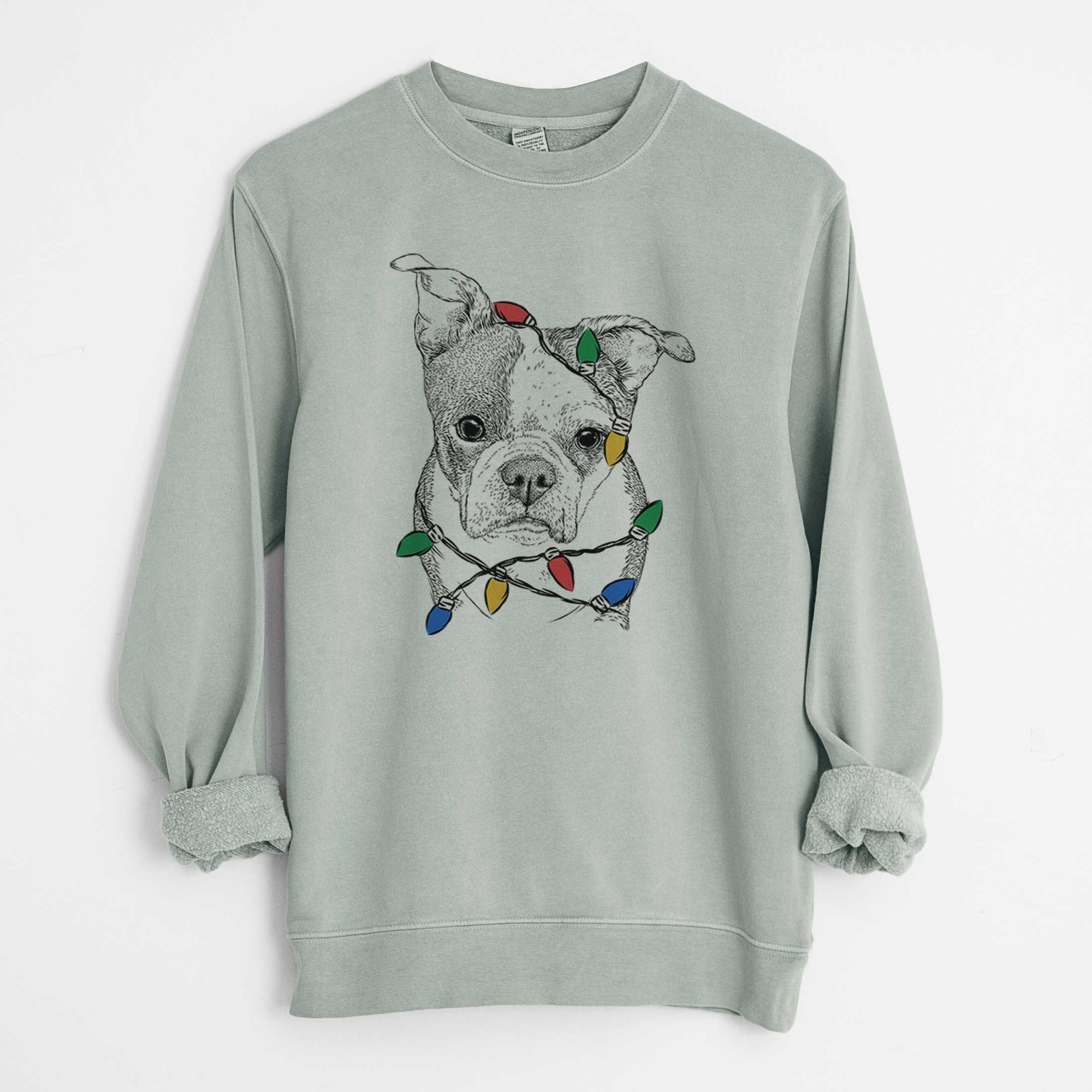 Christmas Lights Bandit the Boston Terrier - Unisex Pigment Dyed Crew Sweatshirt