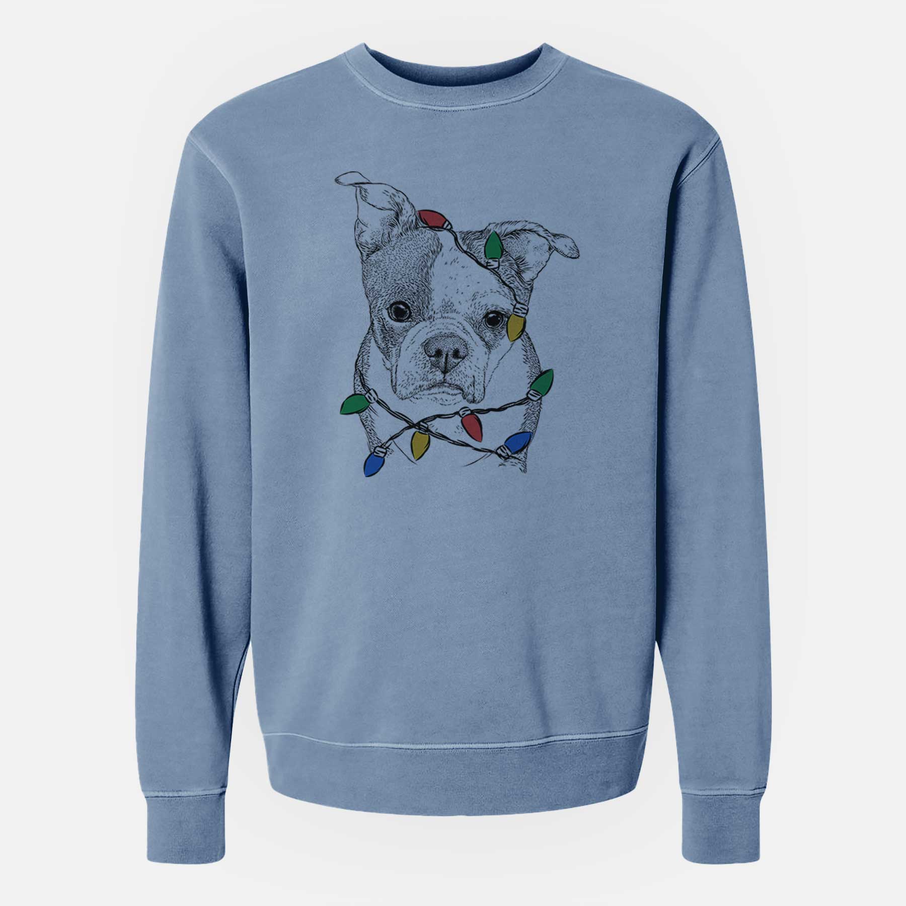 Christmas Lights Bandit the Boston Terrier - Unisex Pigment Dyed Crew Sweatshirt