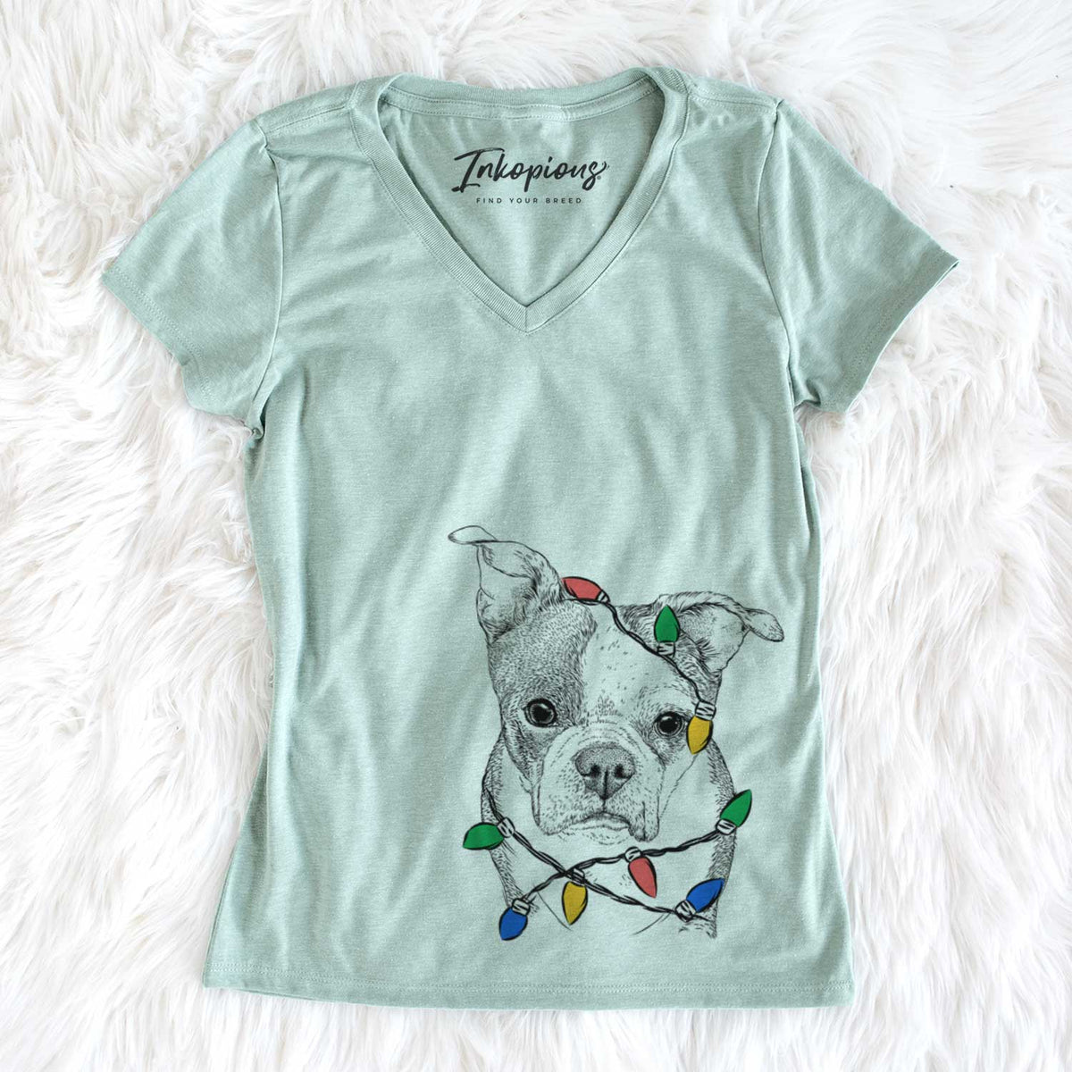 Christmas Lights Bandit the Boston Terrier - Women&#39;s V-neck Shirt