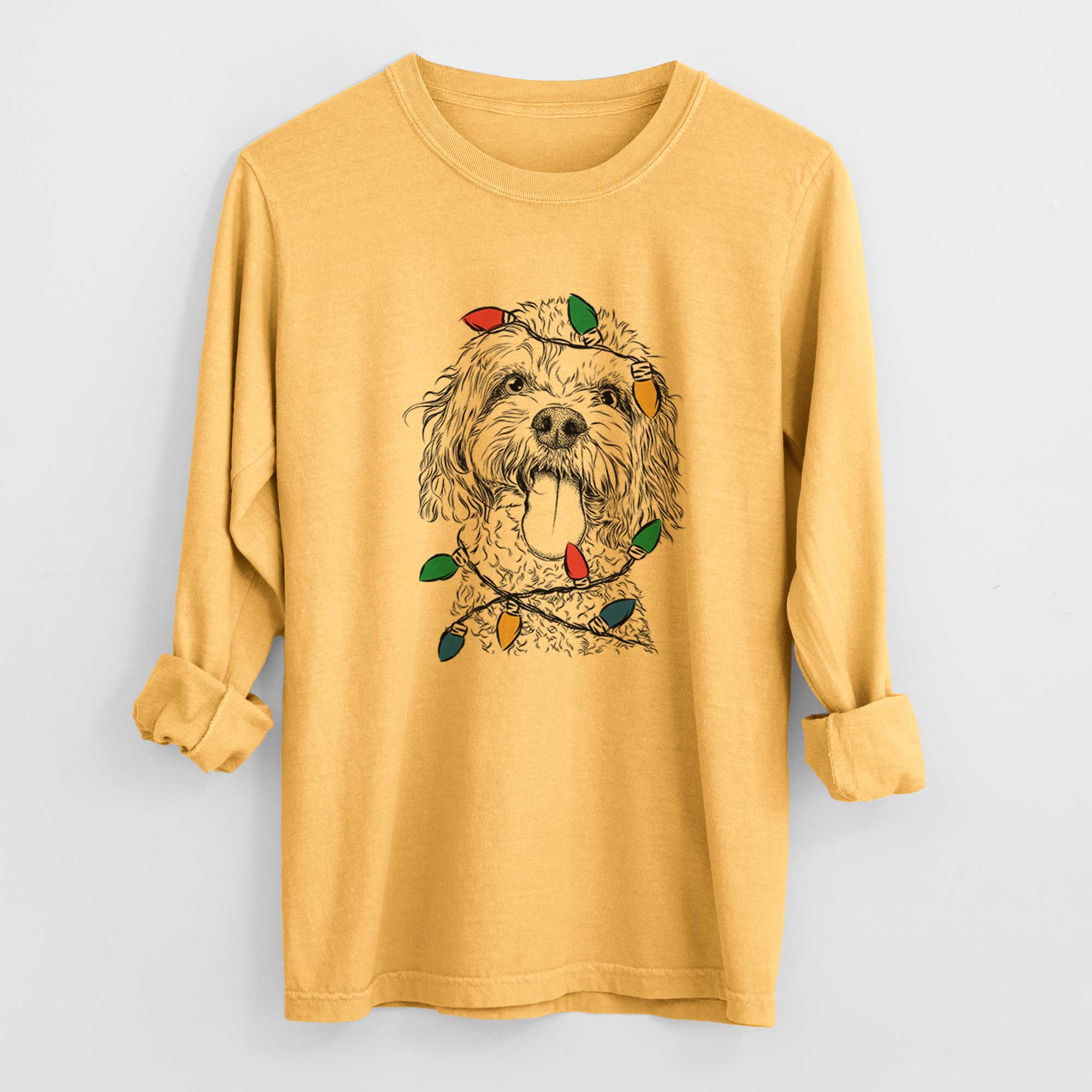 Christmas Lights Barney the Cavachon - Heavyweight 100% Cotton Long Sleeve