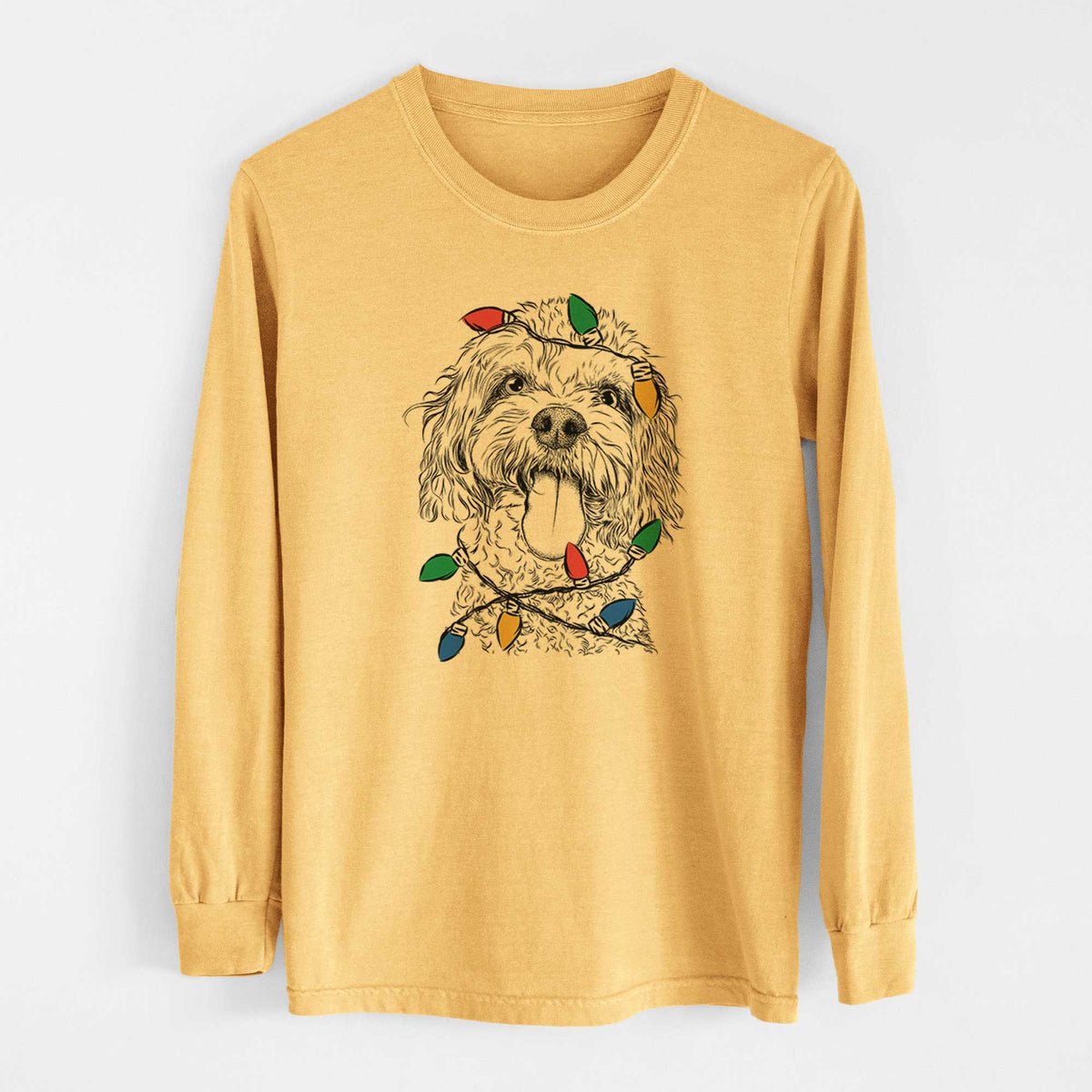 Christmas Lights Barney the Cavachon - Heavyweight 100% Cotton Long Sleeve