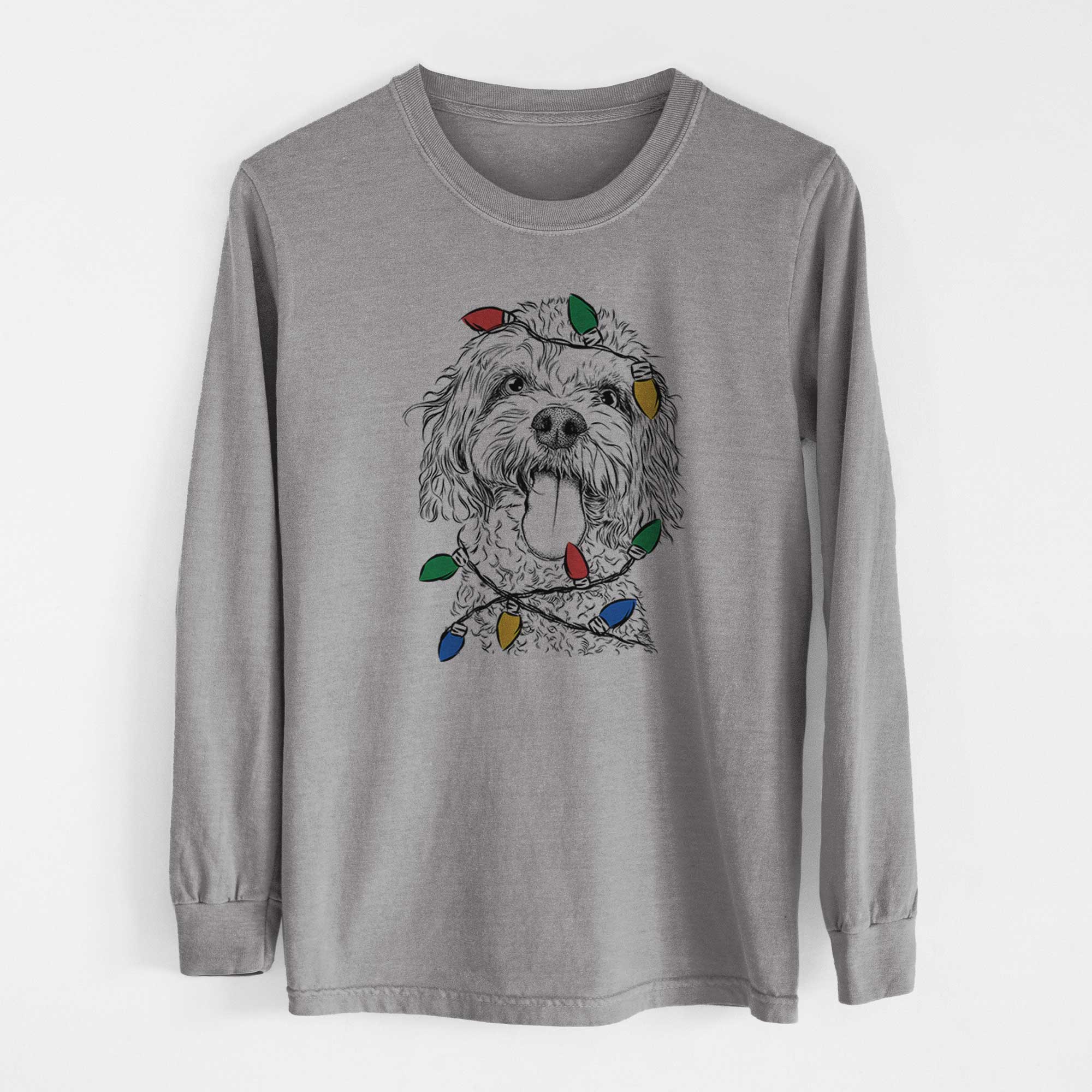 Christmas Lights Barney the Cavachon - Heavyweight 100% Cotton Long Sleeve