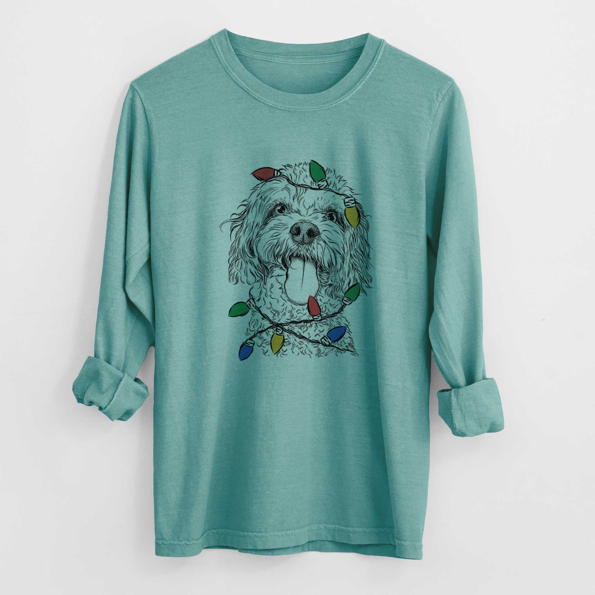 Christmas Lights Barney the Cavachon - Heavyweight 100% Cotton Long Sleeve