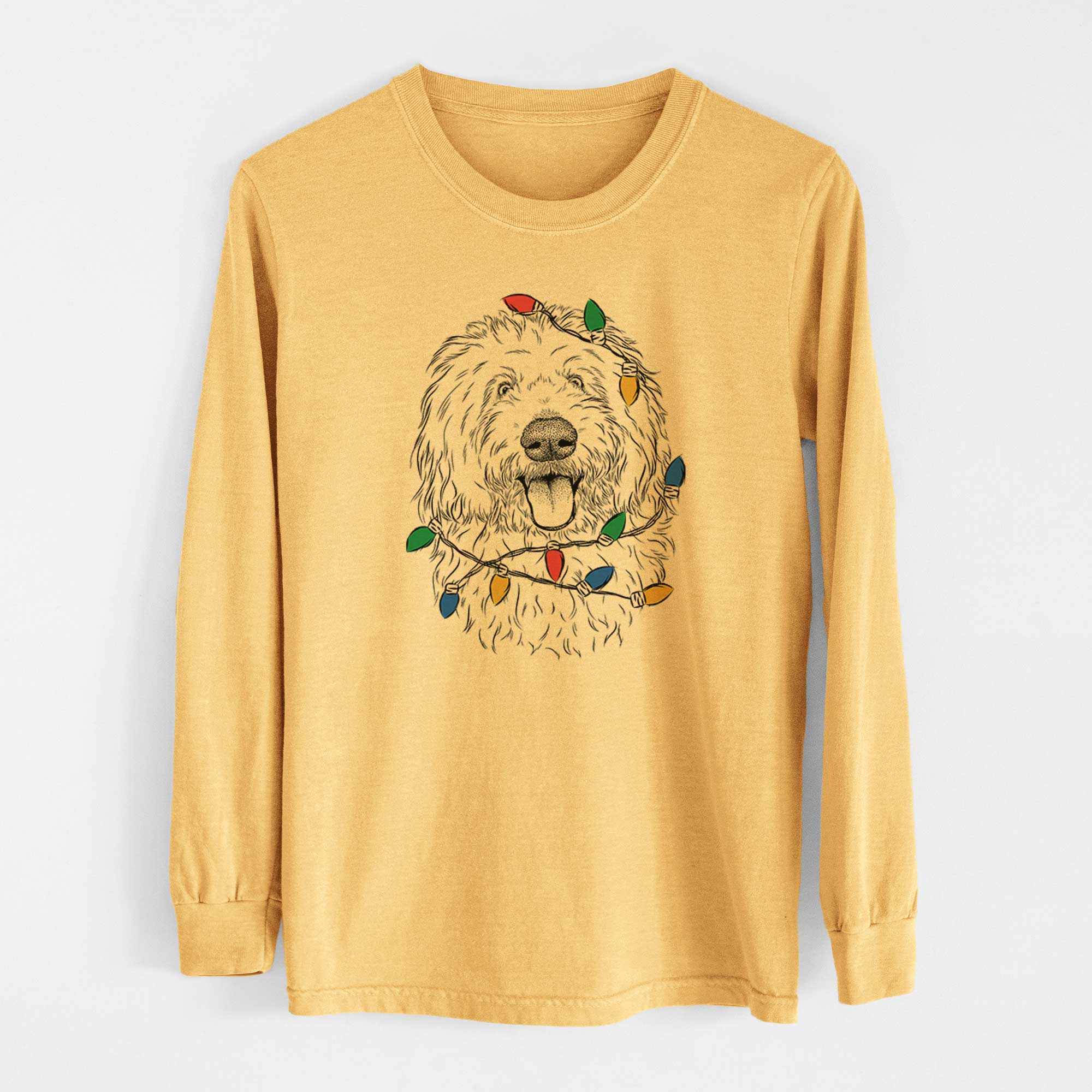 Christmas Lights Barry the Old English Sheepdog - Heavyweight 100% Cotton Long Sleeve