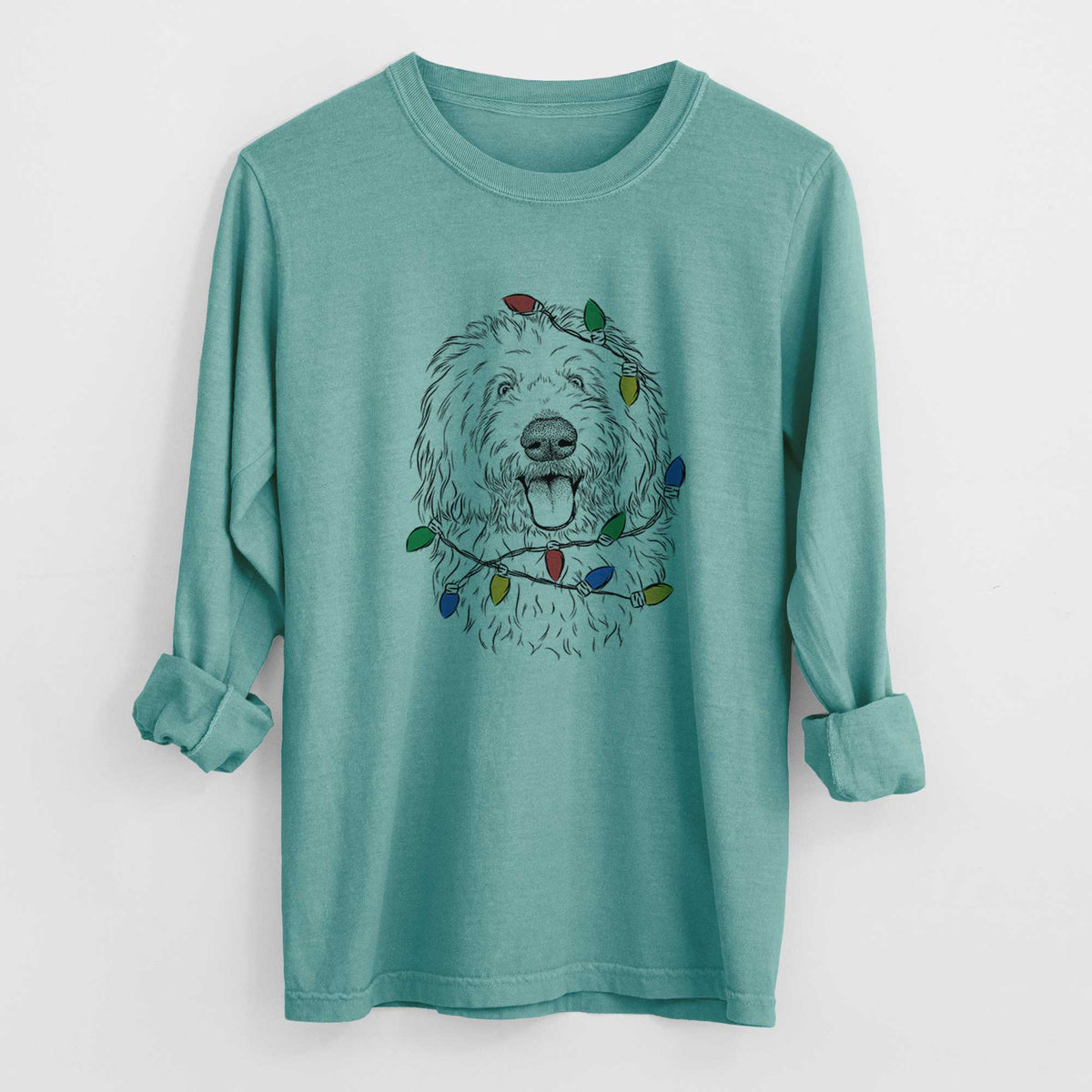 Christmas Lights Barry the Old English Sheepdog - Heavyweight 100% Cotton Long Sleeve