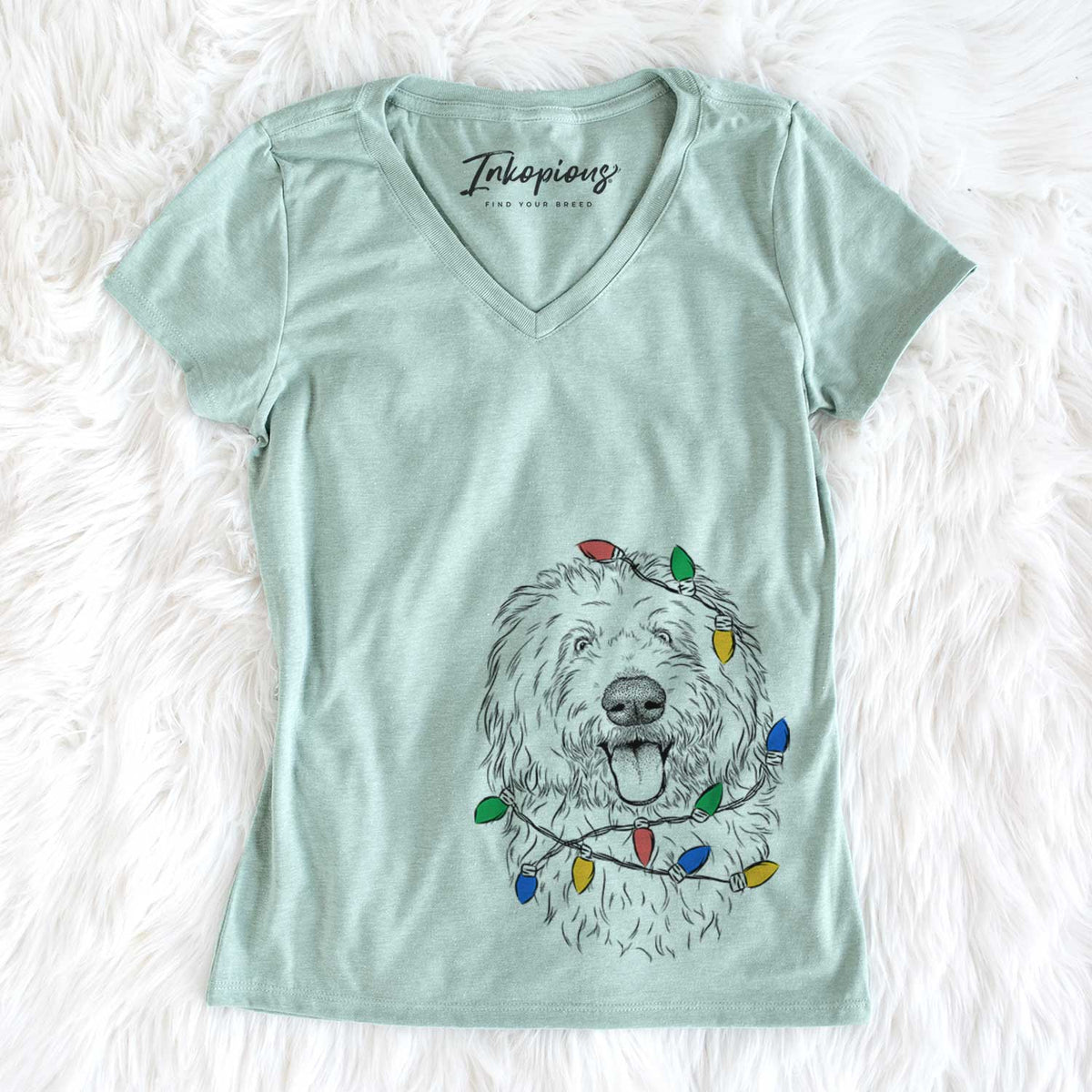 Christmas Lights Barry the Old English Sheepdog - Women&#39;s V-neck Shirt