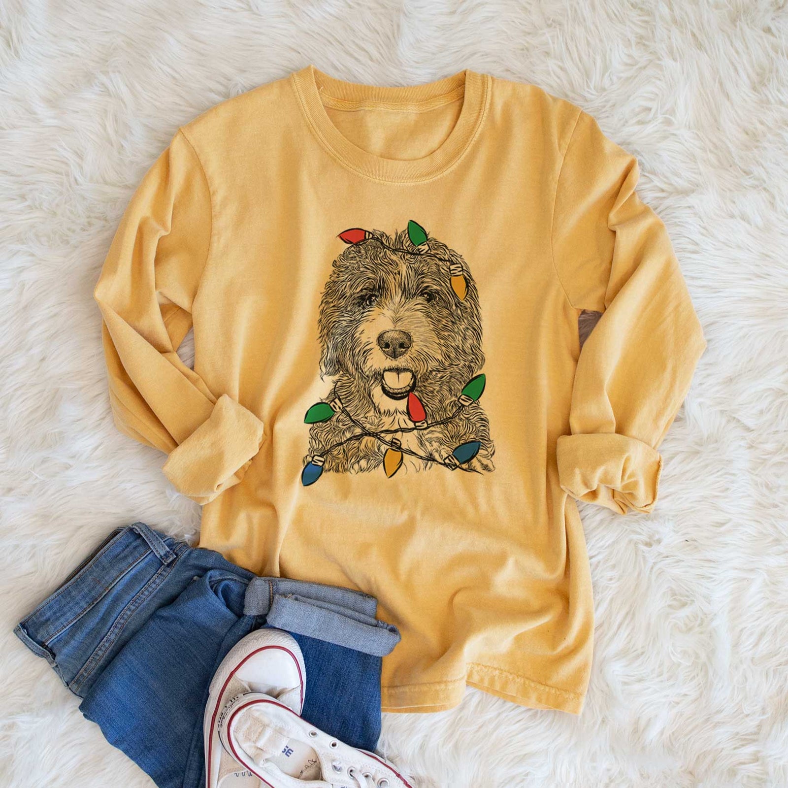 Christmas Lights Bash the Bernedoodle - Heavyweight 100% Cotton Long Sleeve