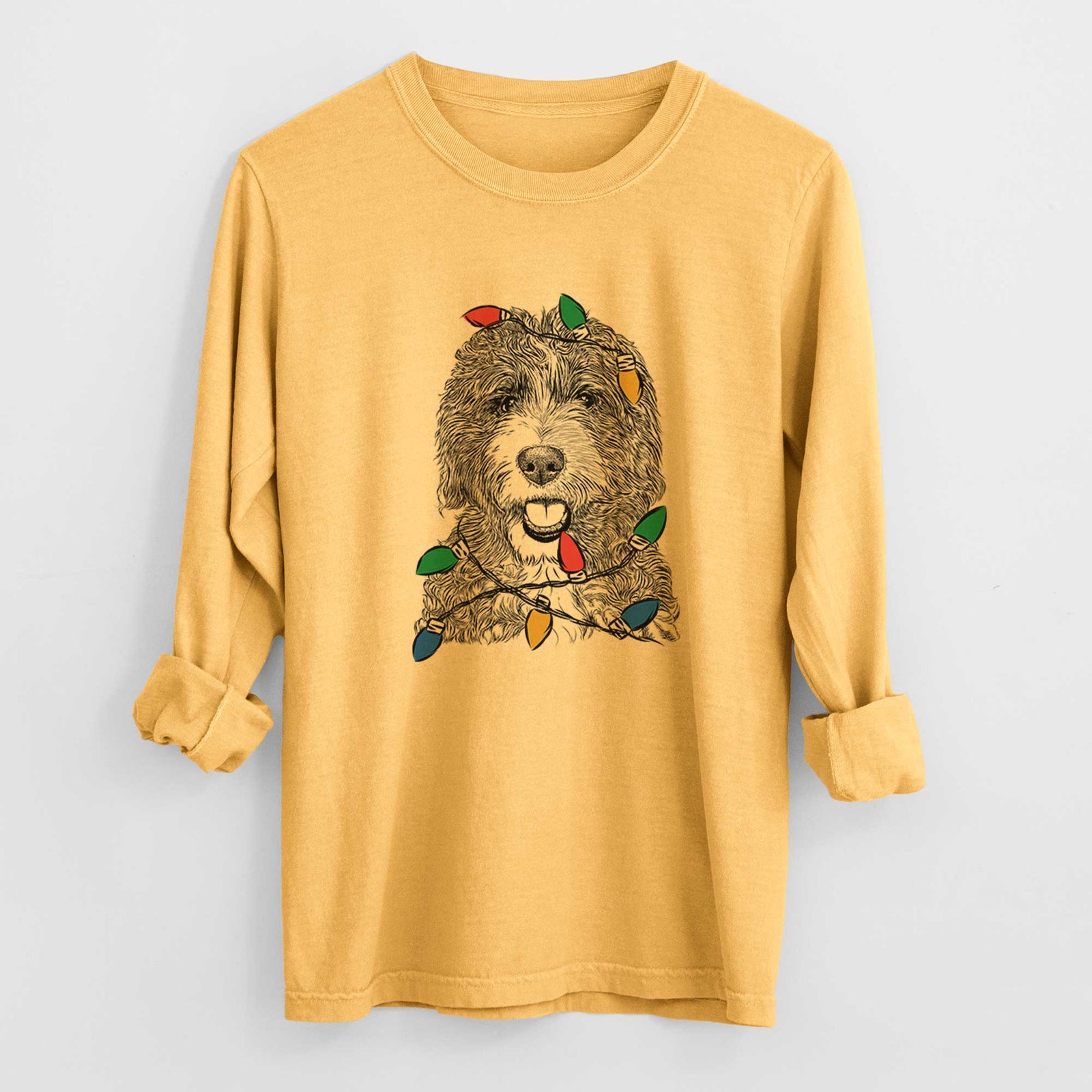 Christmas Lights Bash the Bernedoodle - Heavyweight 100% Cotton Long Sleeve