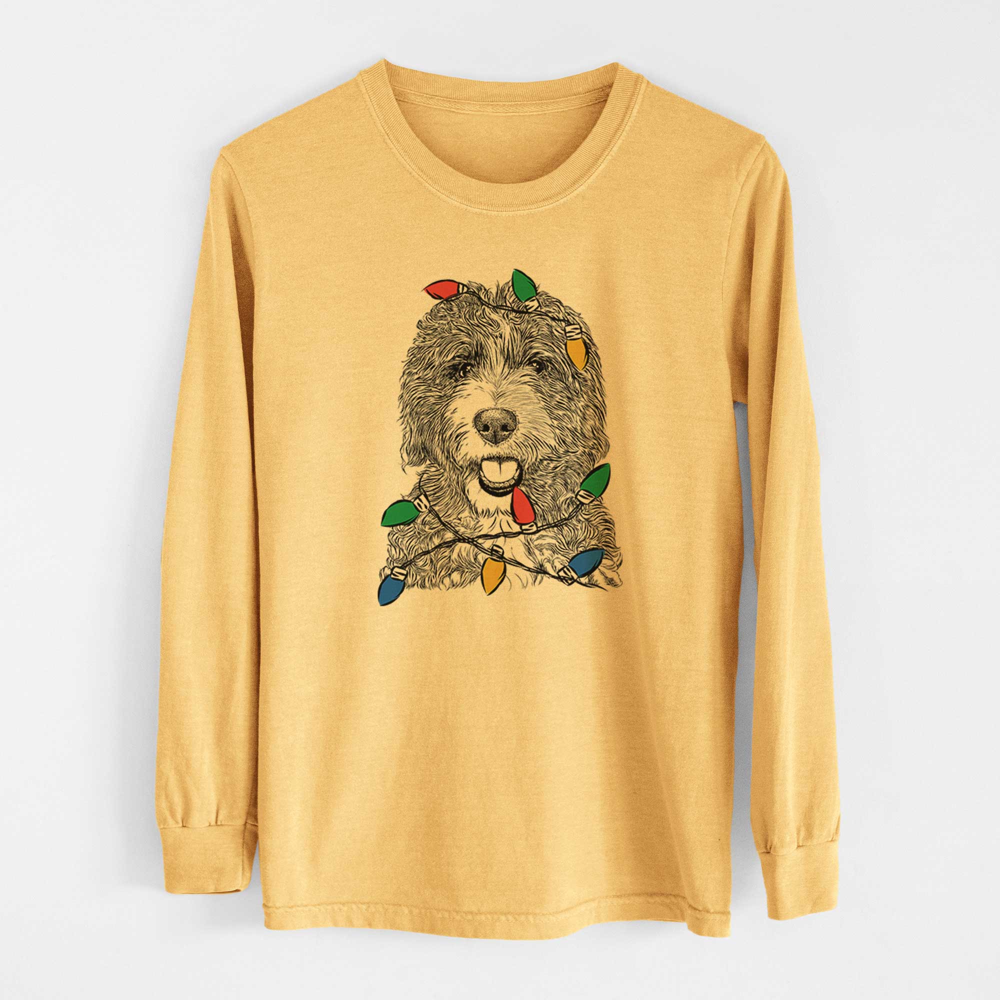 Christmas Lights Bash the Bernedoodle - Heavyweight 100% Cotton Long Sleeve