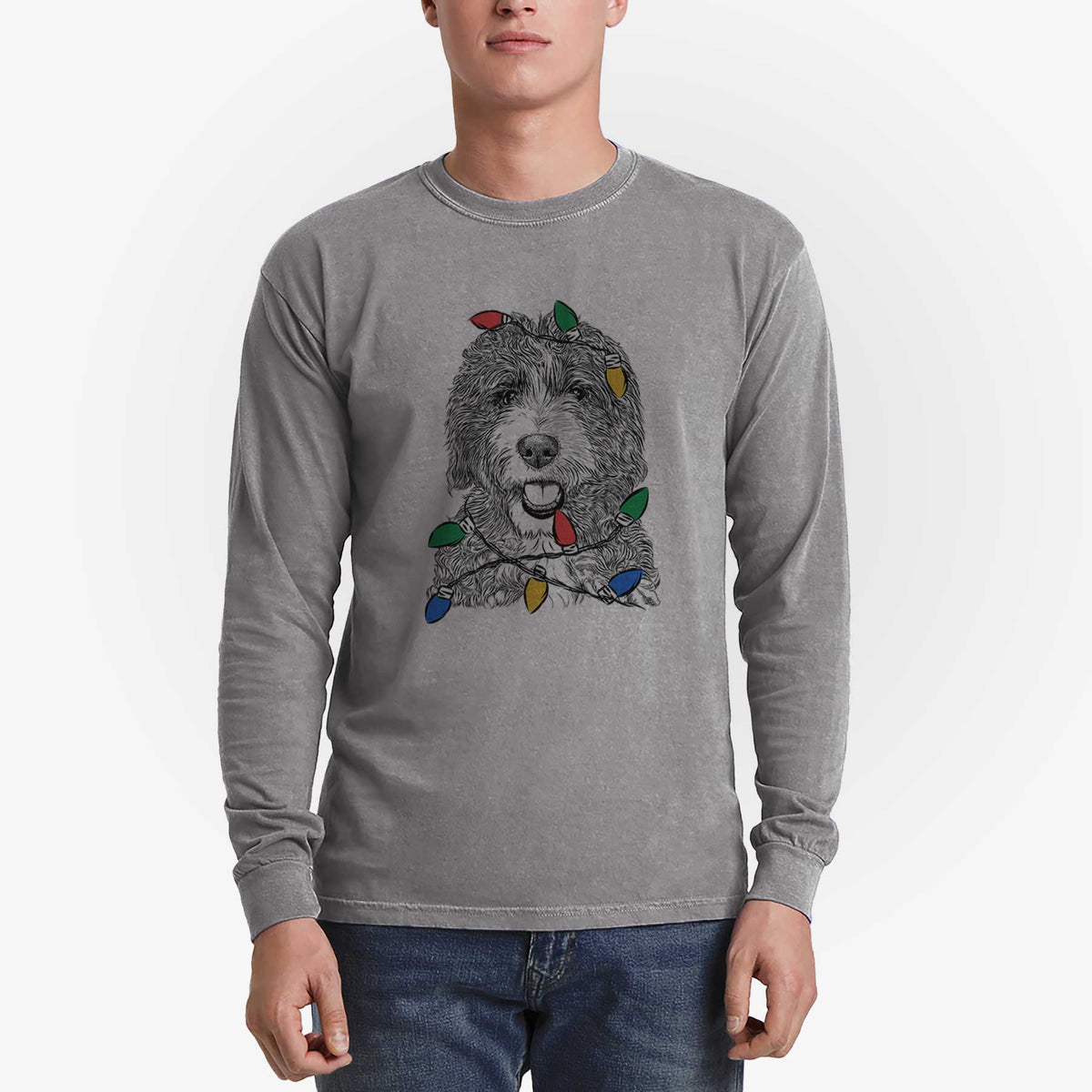 Christmas Lights Bash the Bernedoodle - Heavyweight 100% Cotton Long Sleeve