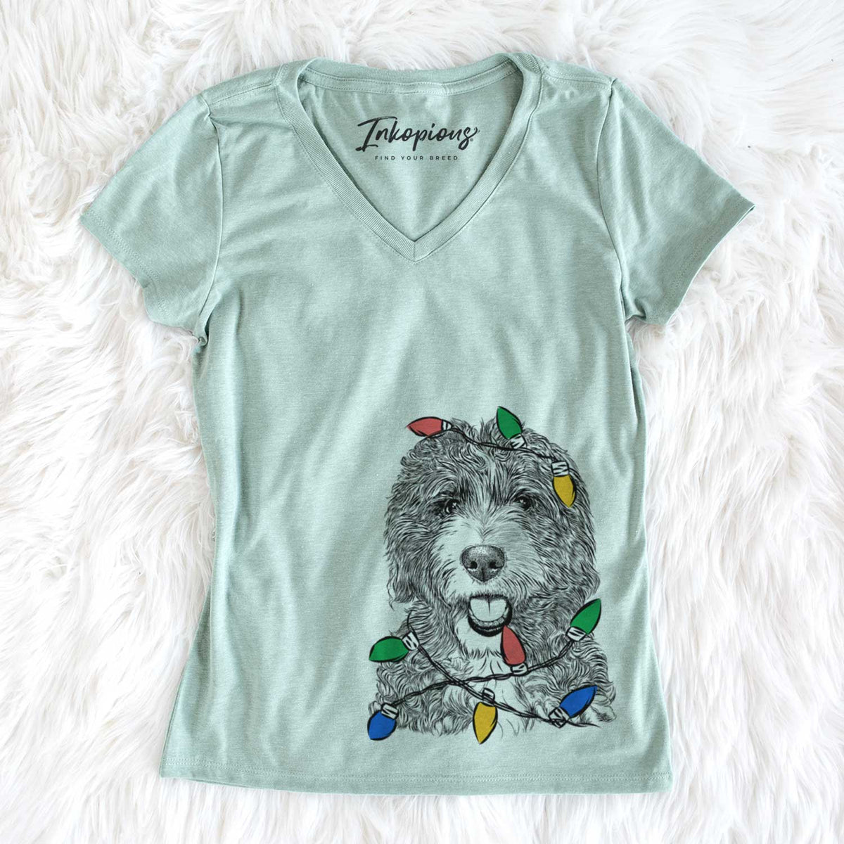 Christmas Lights Bash the Bernedoodle - Women&#39;s V-neck Shirt