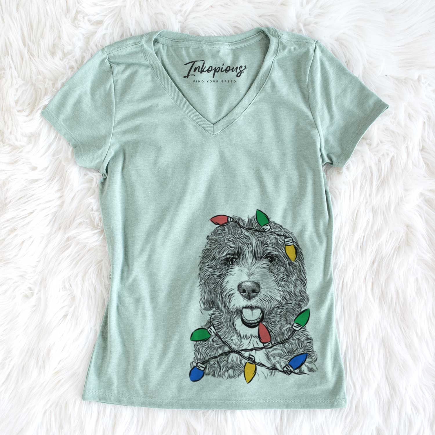 Christmas Lights Bash the Bernedoodle - Women's V-neck Shirt