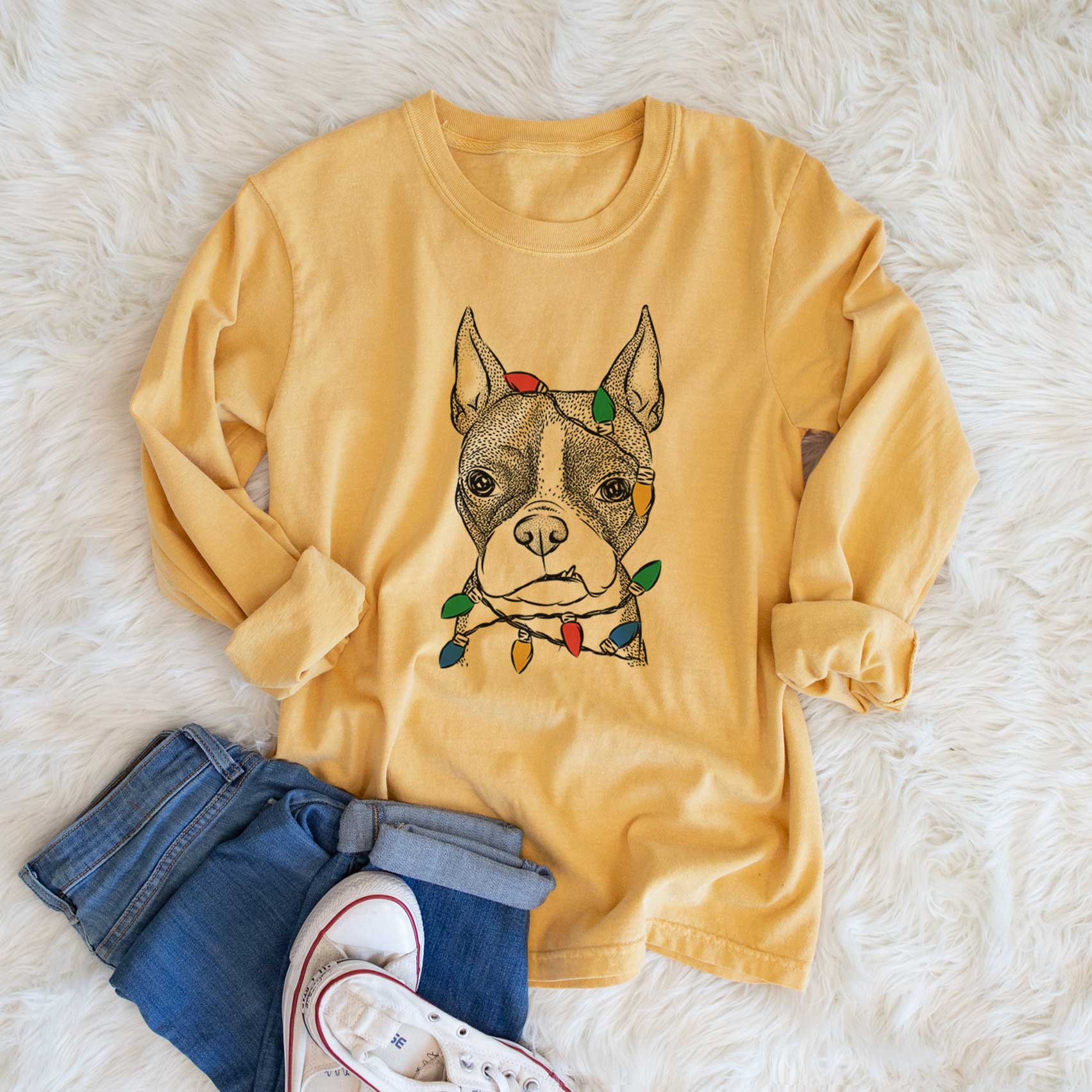 Christmas Lights Bean the Boston Terrier - Heavyweight 100% Cotton Long Sleeve