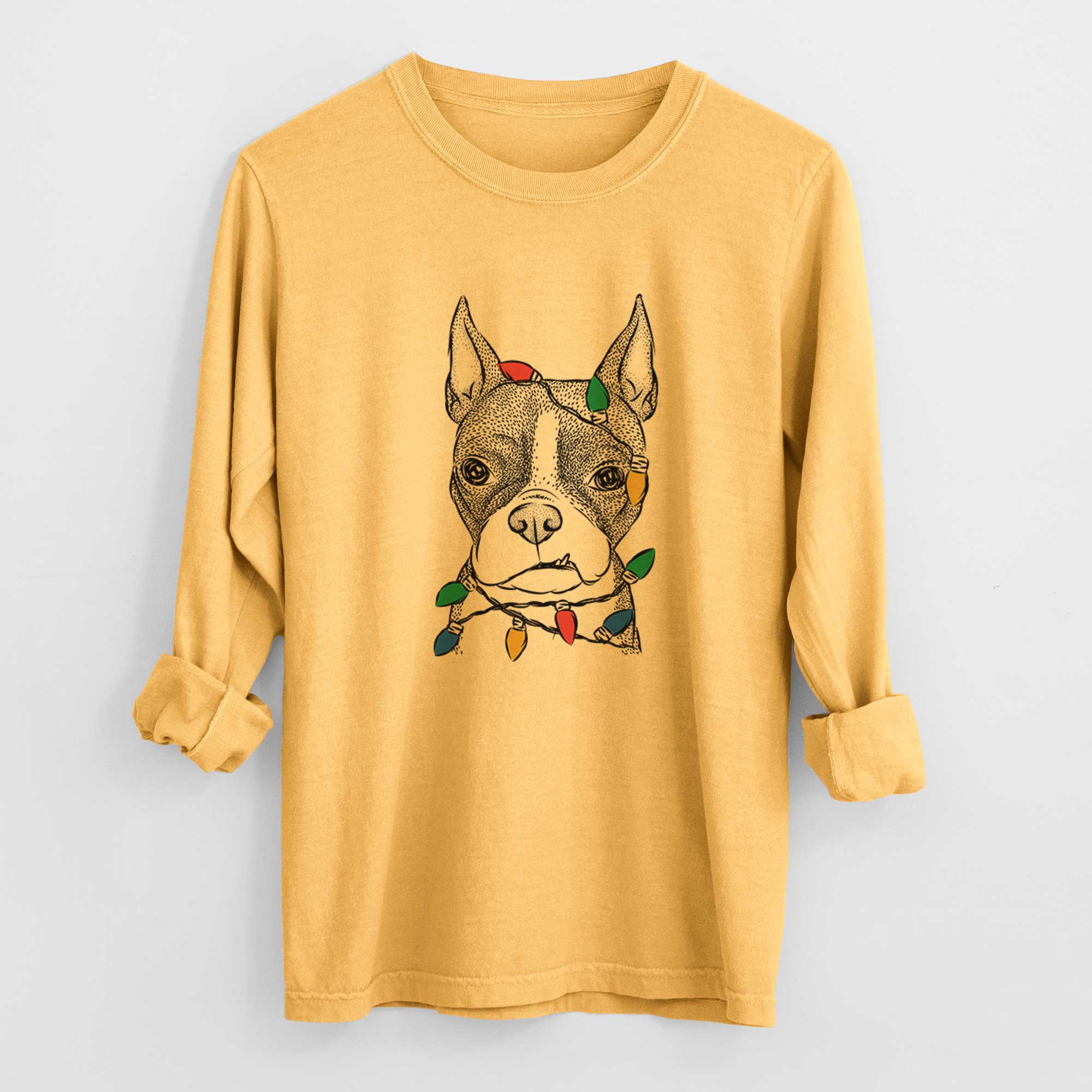 Christmas Lights Bean the Boston Terrier - Heavyweight 100% Cotton Long Sleeve