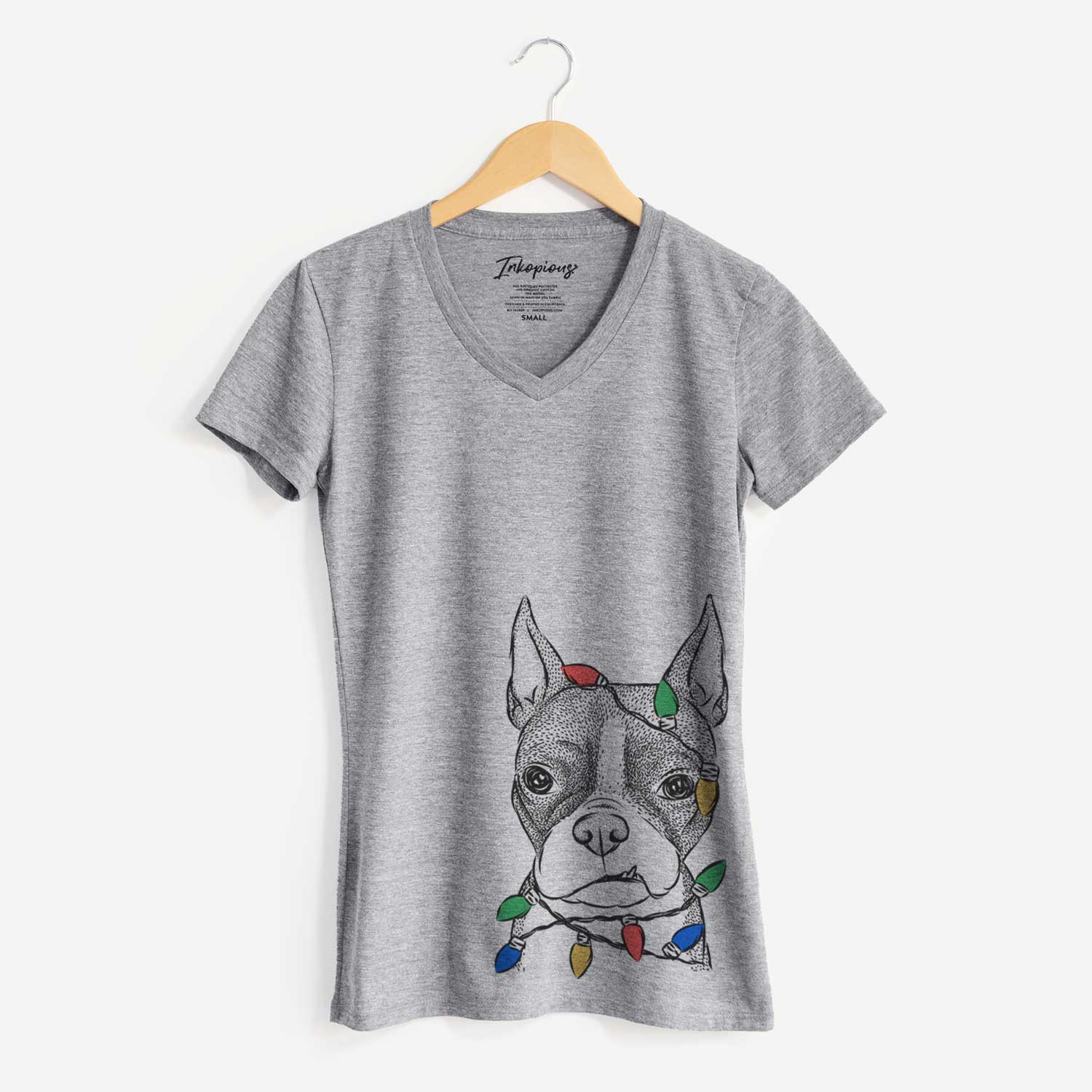 Christmas Lights Bean the Boston Terrier - Women's V-neck Shirt