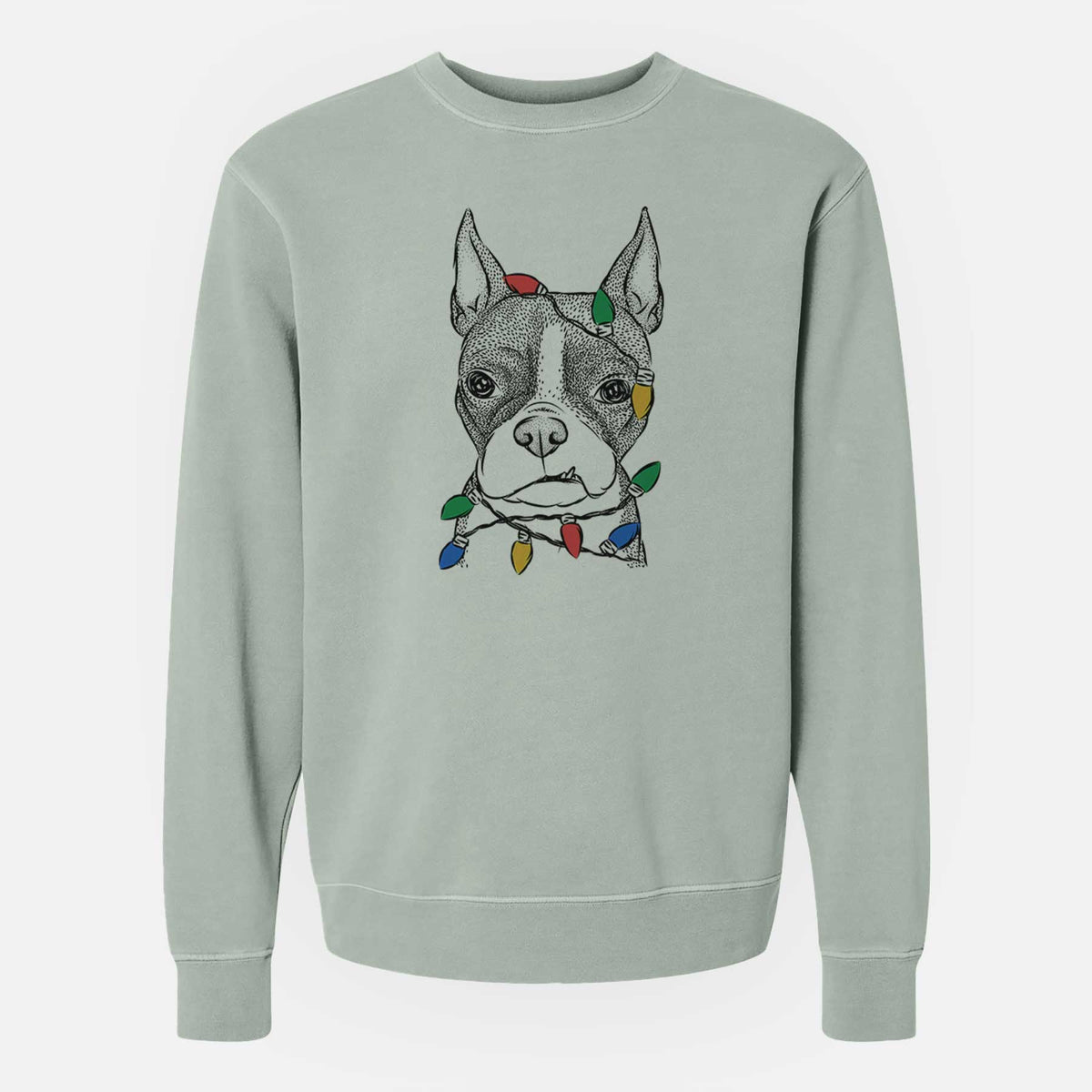 Christmas Lights Bean the Boston Terrier - Unisex Pigment Dyed Crew Sweatshirt