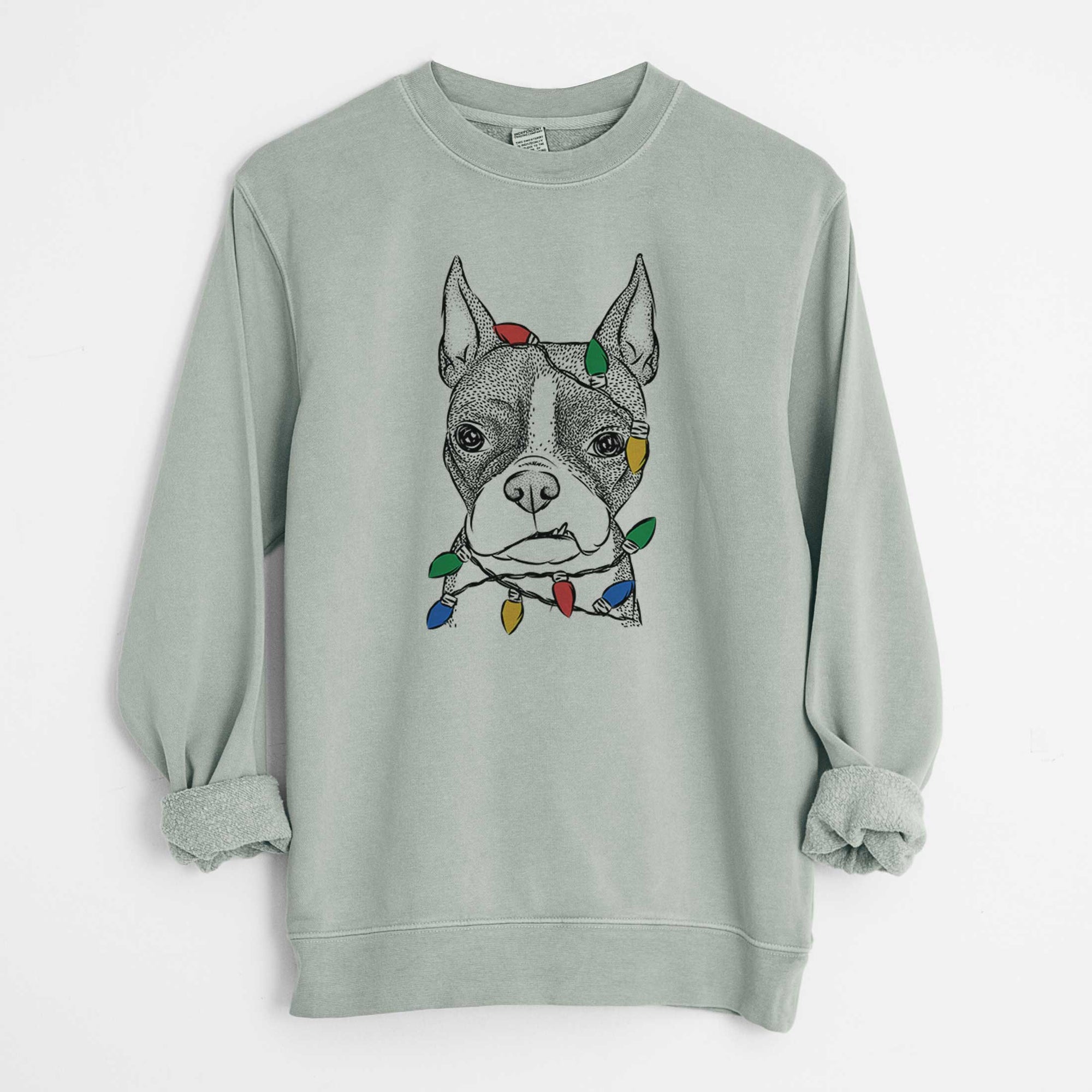 Christmas Lights Bean the Boston Terrier - Unisex Pigment Dyed Crew Sweatshirt