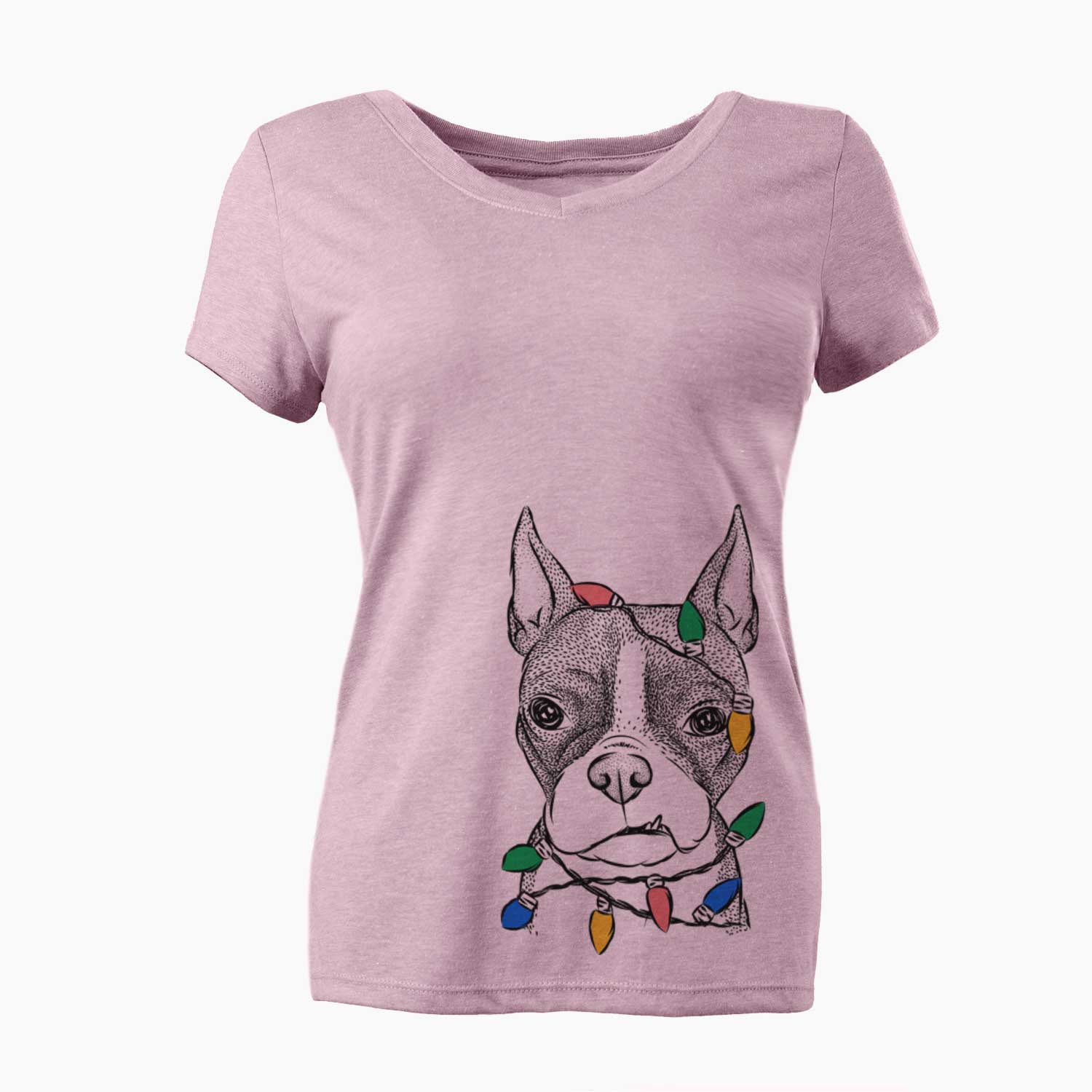 Christmas Lights Bean the Boston Terrier - Women's V-neck Shirt