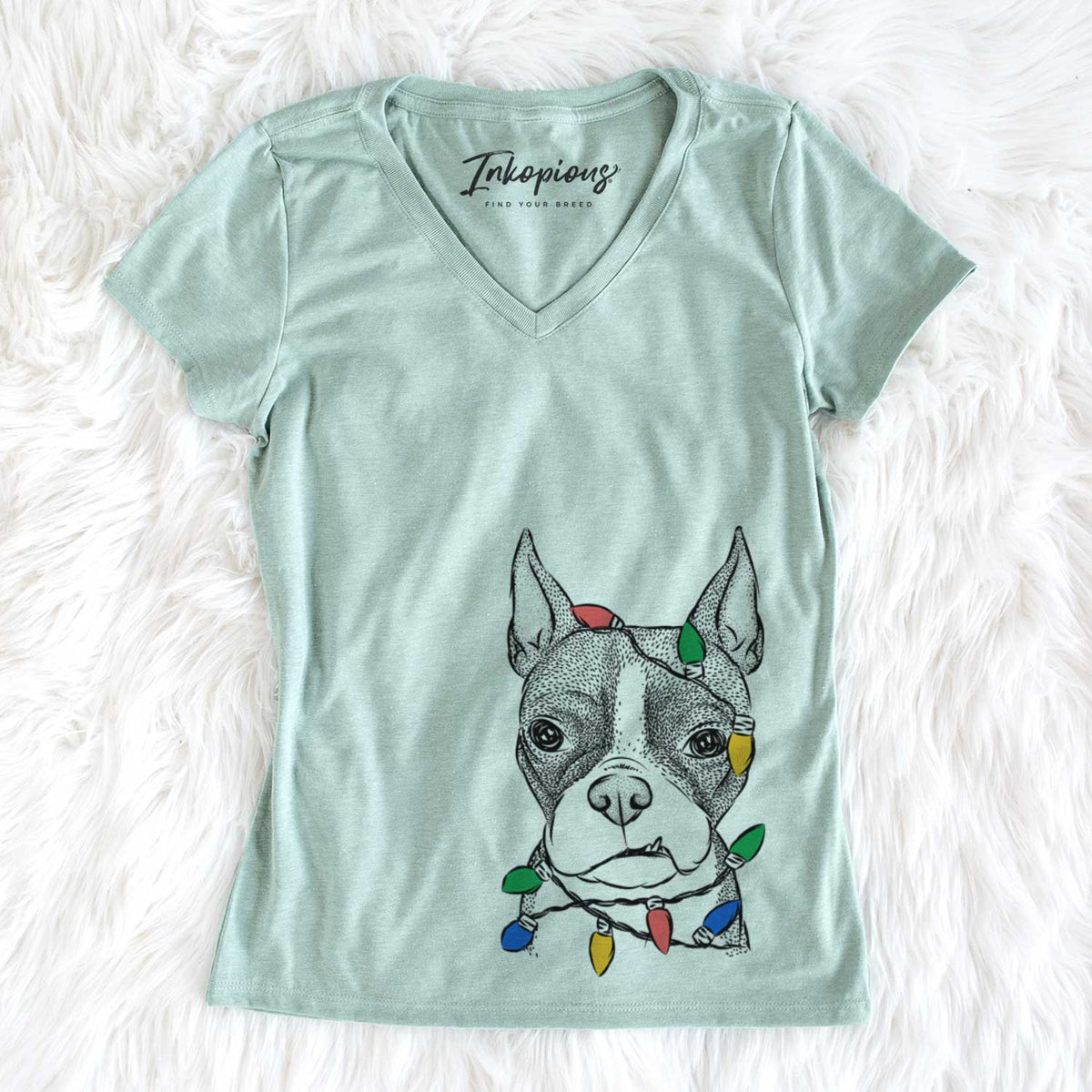 Christmas Lights Bean the Boston Terrier - Women&#39;s V-neck Shirt