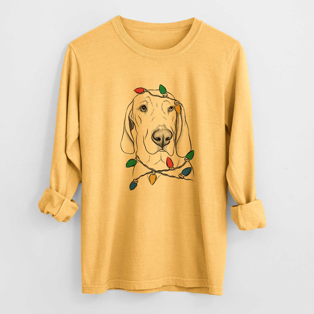 Christmas Lights Beauregard the American Redbone Coonhound - Heavyweight 100% Cotton Long Sleeve