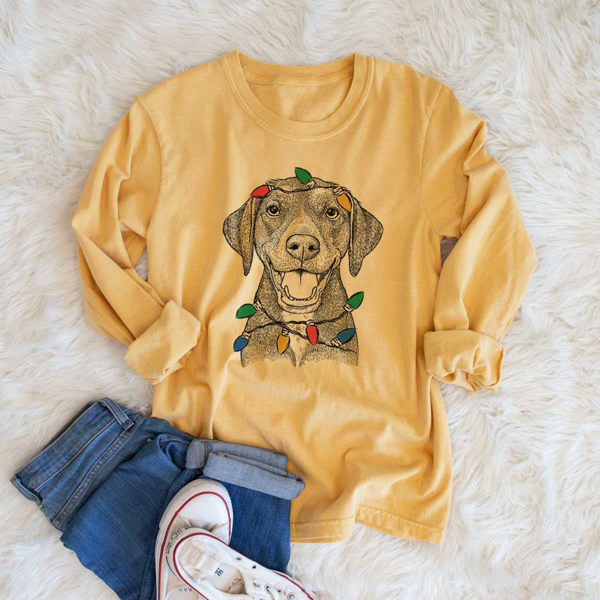 Christmas Lights Beaver the Hound Mix - Heavyweight 100% Cotton Long Sleeve