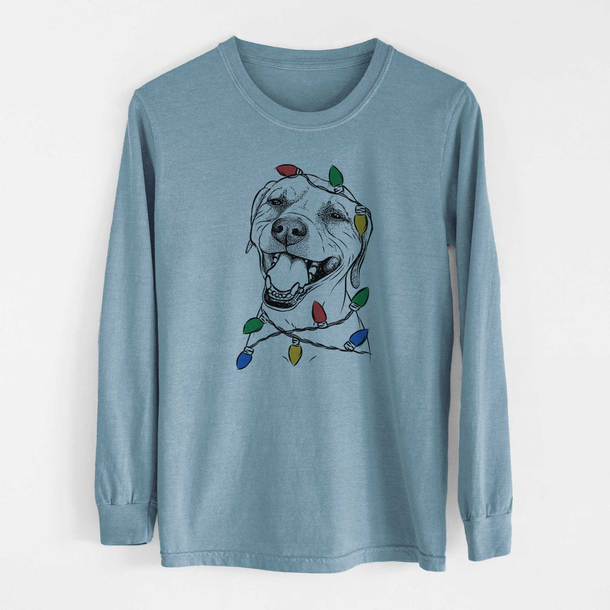 Christmas Lights Beemer the Boxer Pitbull Terrier Mix - Heavyweight 100% Cotton Long Sleeve