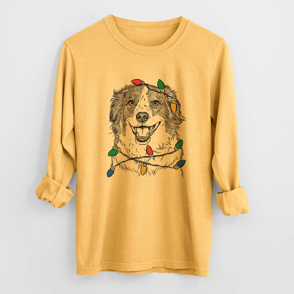 Christmas Lights Belle the Australian Shepherd Mix - Heavyweight 100% Cotton Long Sleeve