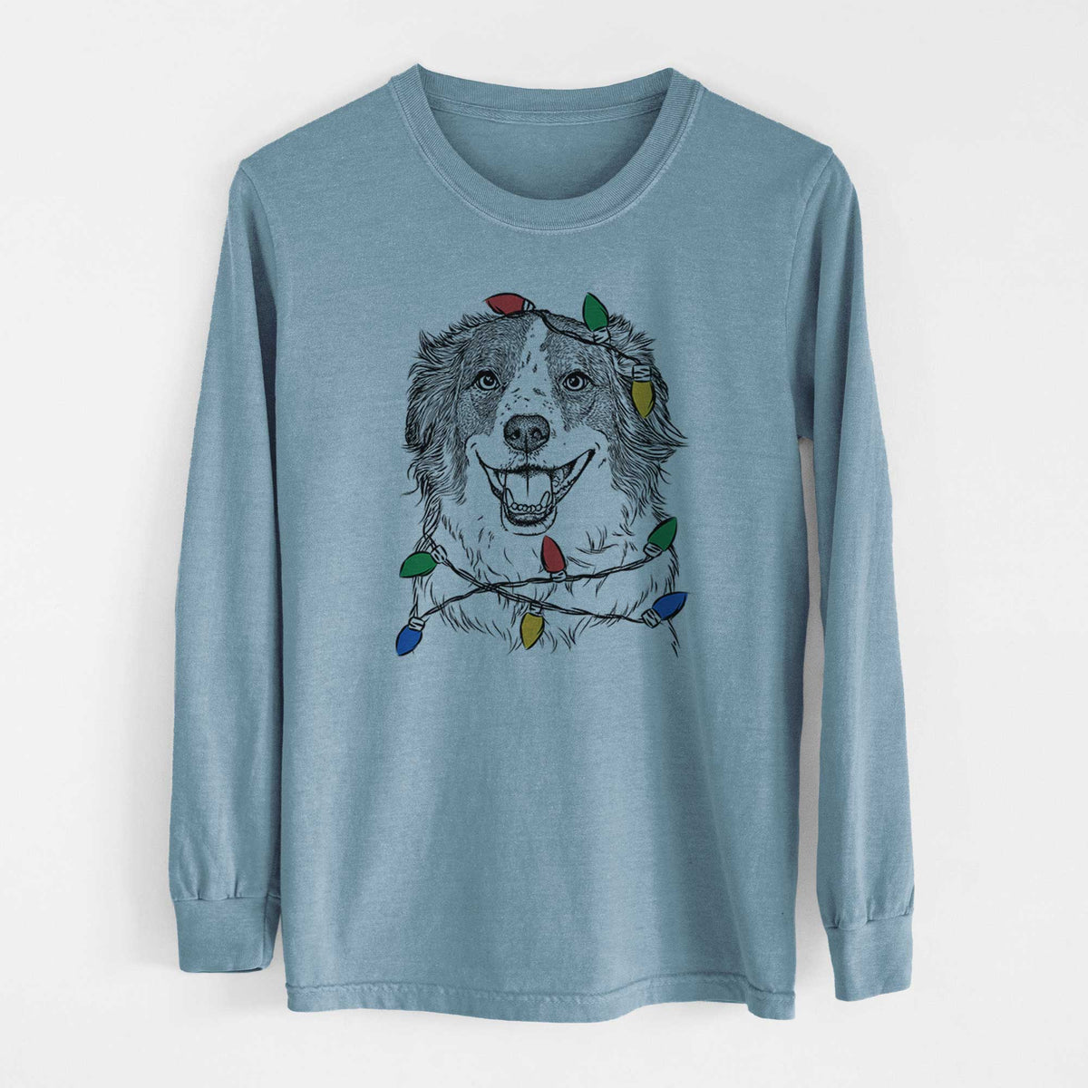 Christmas Lights Belle the Australian Shepherd Mix - Heavyweight 100% Cotton Long Sleeve