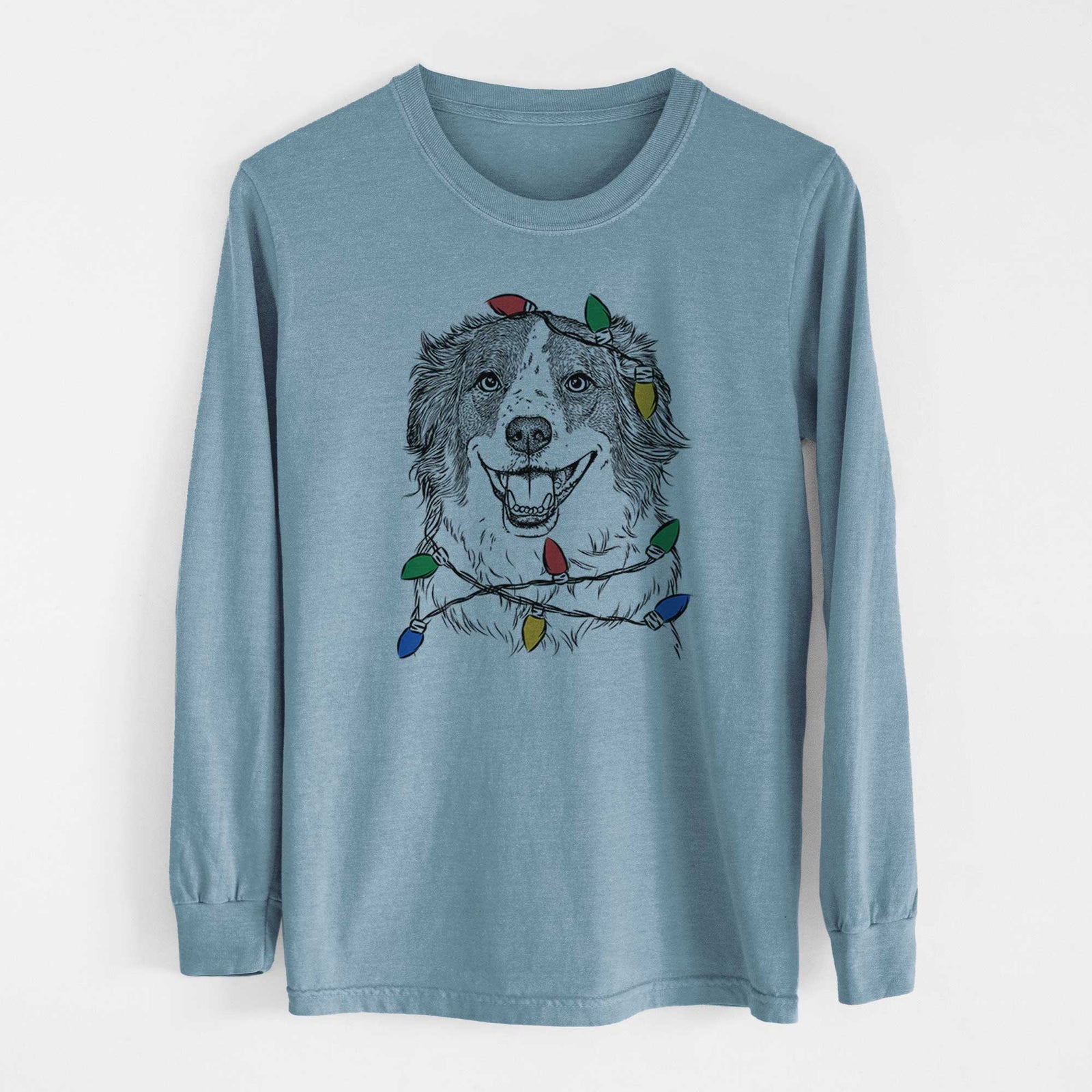 Christmas Lights Belle the Australian Shepherd Mix - Heavyweight 100% Cotton Long Sleeve